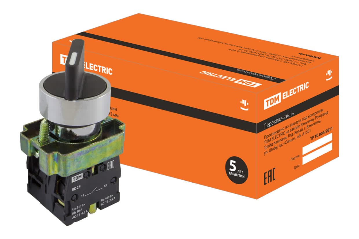 Переключатель на 2 положения SB2-BD25 с фиксацией, 1НО+1НЗ, стандартная ручка, d22 мм, черный, IP40 TDM