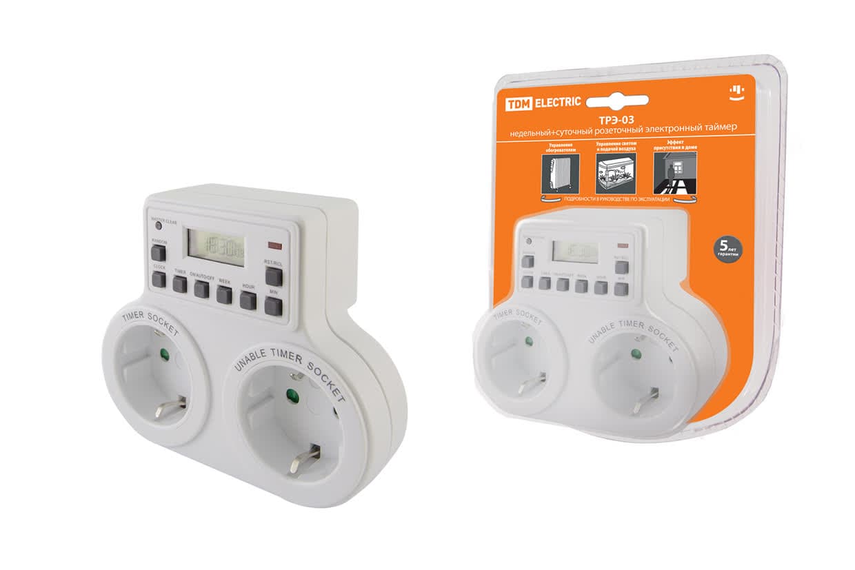 Таймер розеточный электронный ТРЭ-03-1мин/7дн-10on/off-2х8А-2р (недельный, 2 розетки) TDM