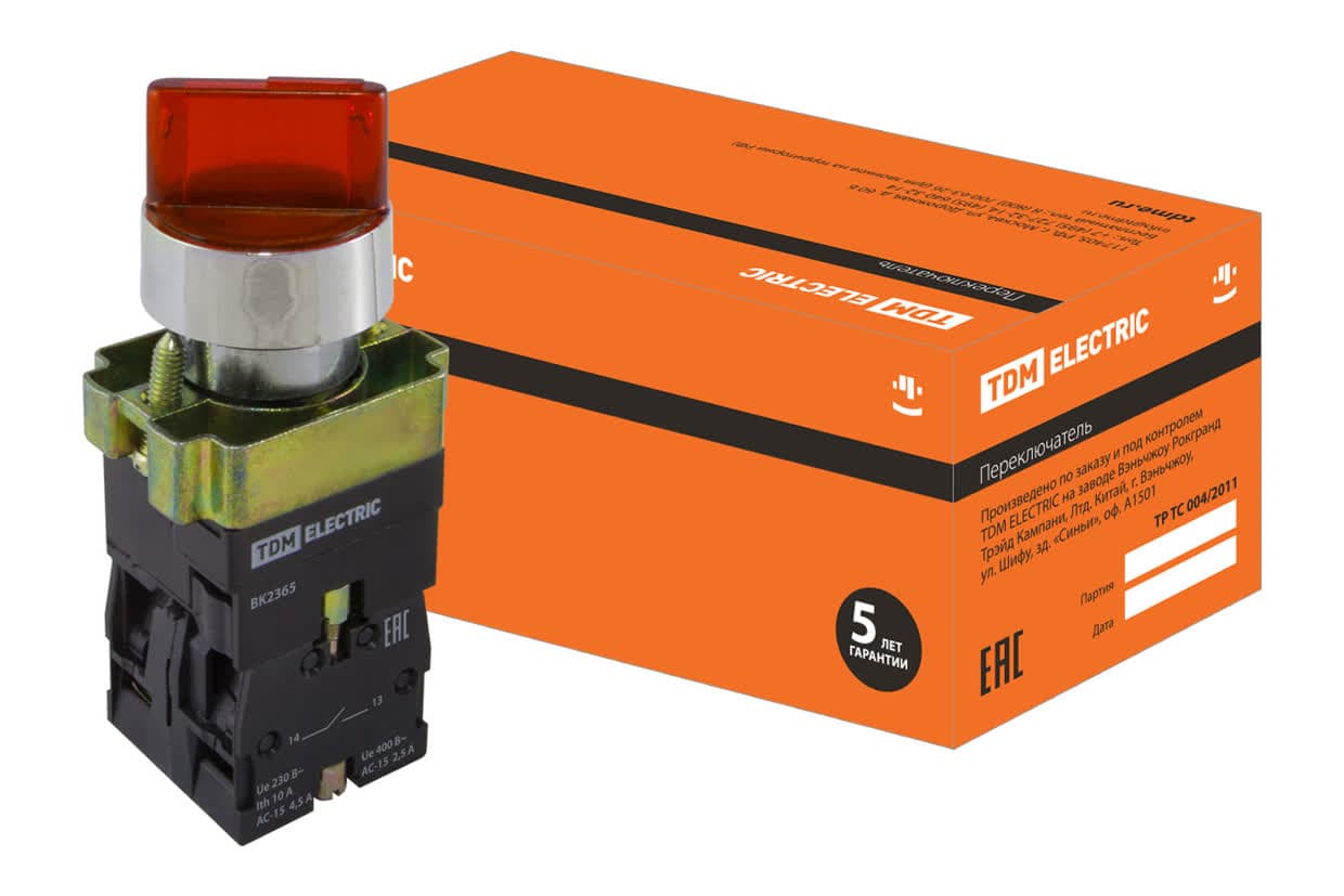 Переключатель на 2 положения SB2-BK2465 с фиксацией, 1НО+1НЗ, d22 мм, с подсветкой 230 В LED, красный, IP40 TDM