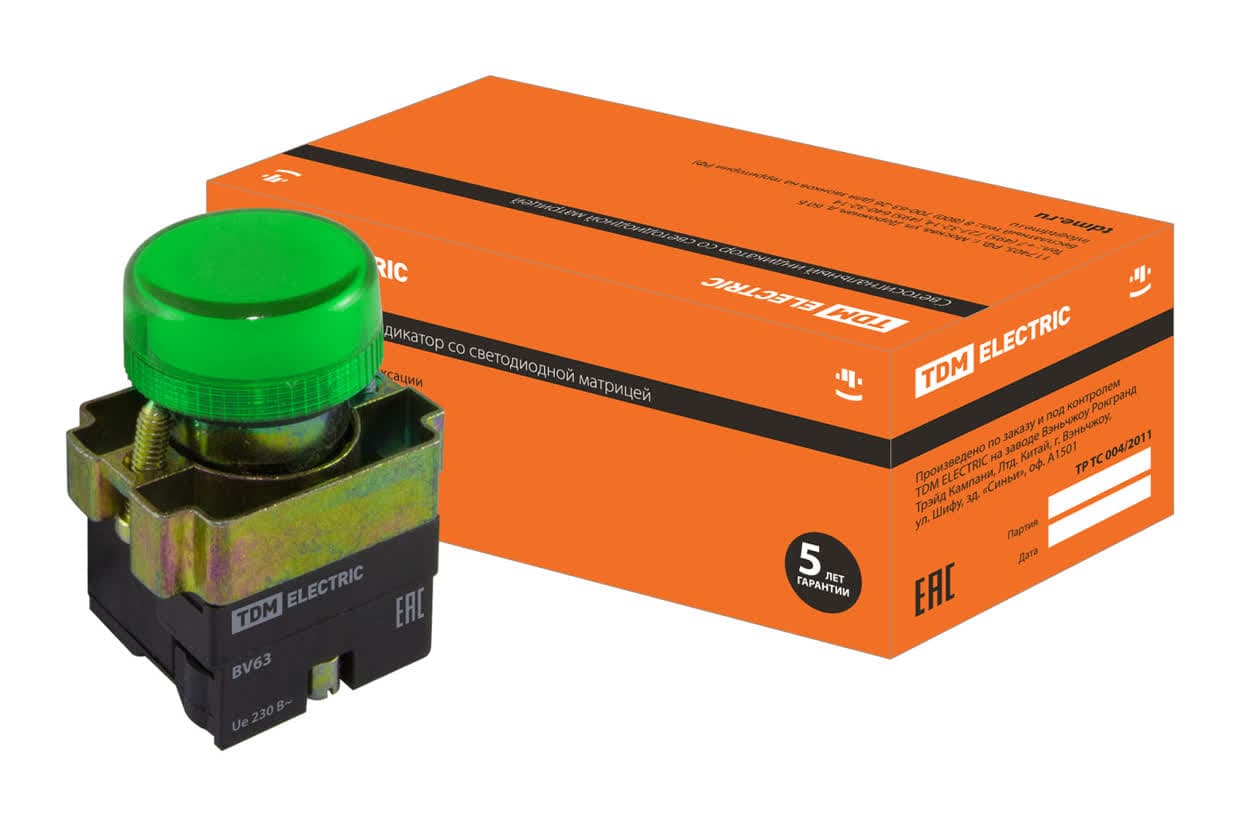 Лампа сигнальная SB2-BV63 с подсветкой 230 В LED, d22 мм, зеленый, IP40 TDM