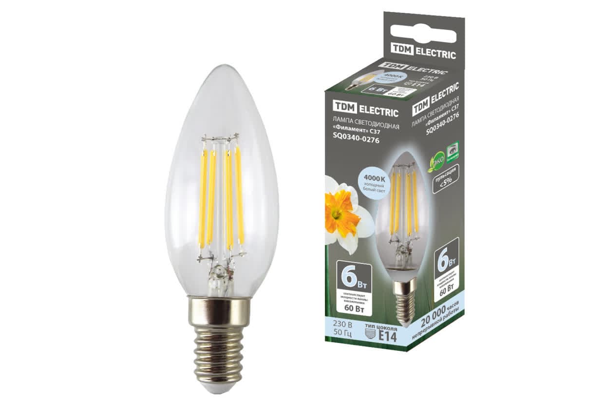 Лампа светодиодная "Филамент" С37-6 Вт-230 В-4000 К–E14 TDM