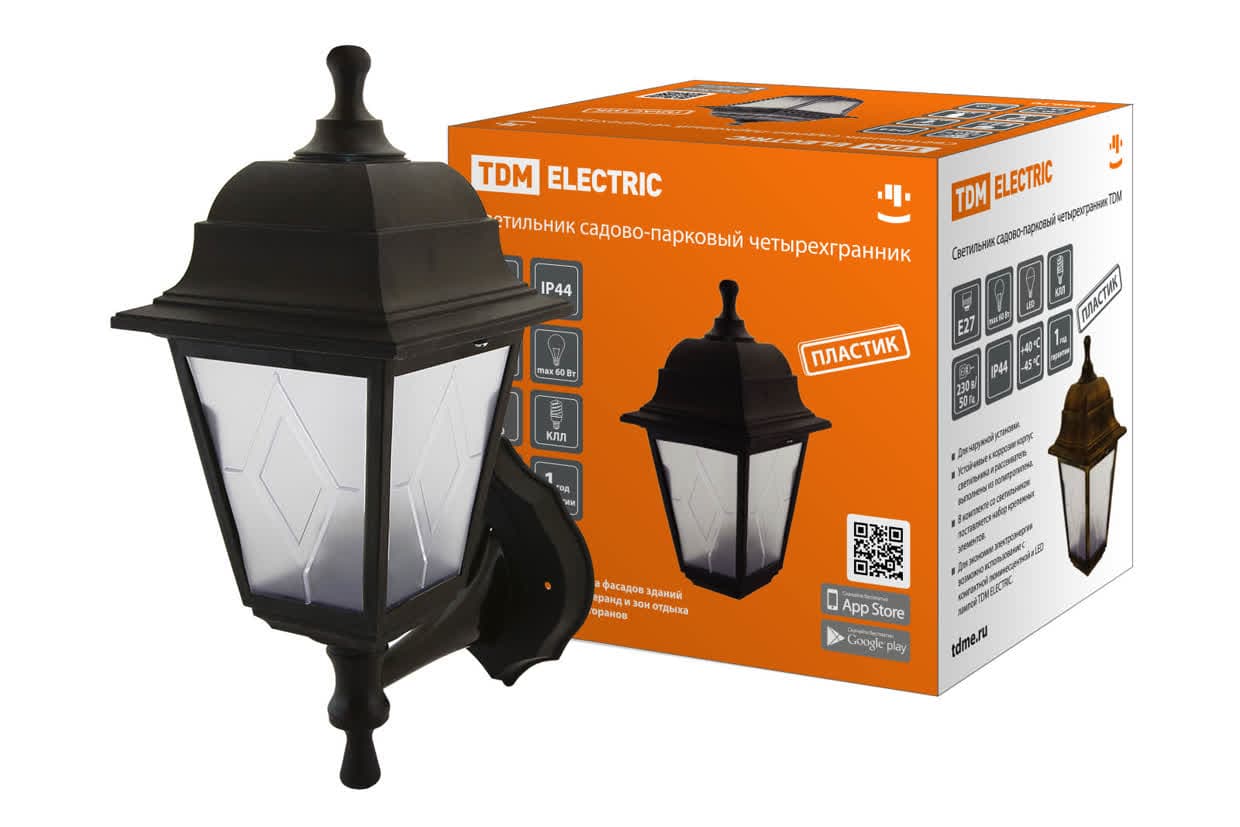 Светильник садово-парковый НБУ 04-60-001 четырехгранник, настенный, пластик, расс.пластик, черный TDM