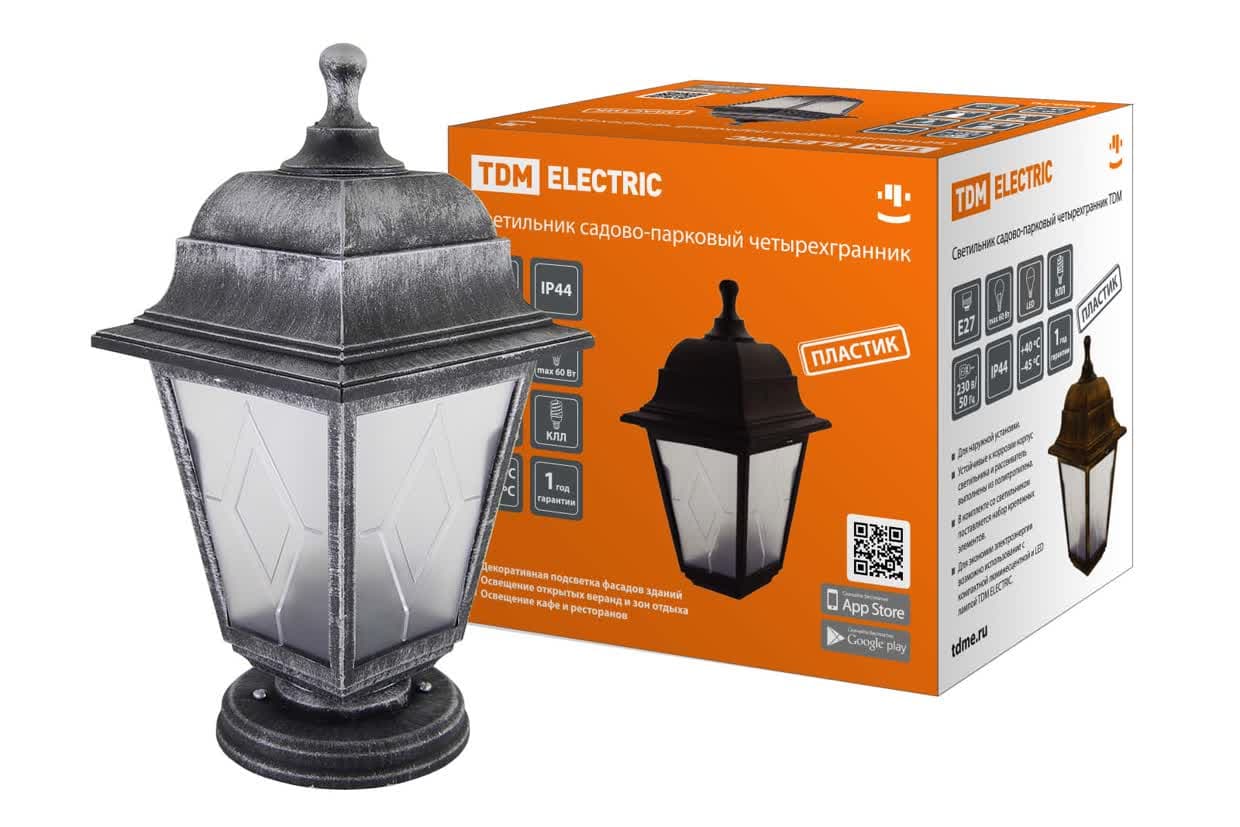 Светильник садово-парковый НТУ 04-60-001 четырехгранник, напольный, пластик, расс.пластик, серебро TDM