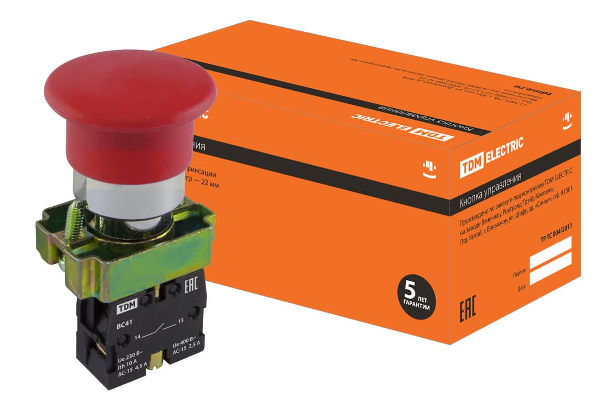 Кнопка грибовидная SB2-BС41 с возвратом, 1НО, d22 мм, красная, IP40 TDM