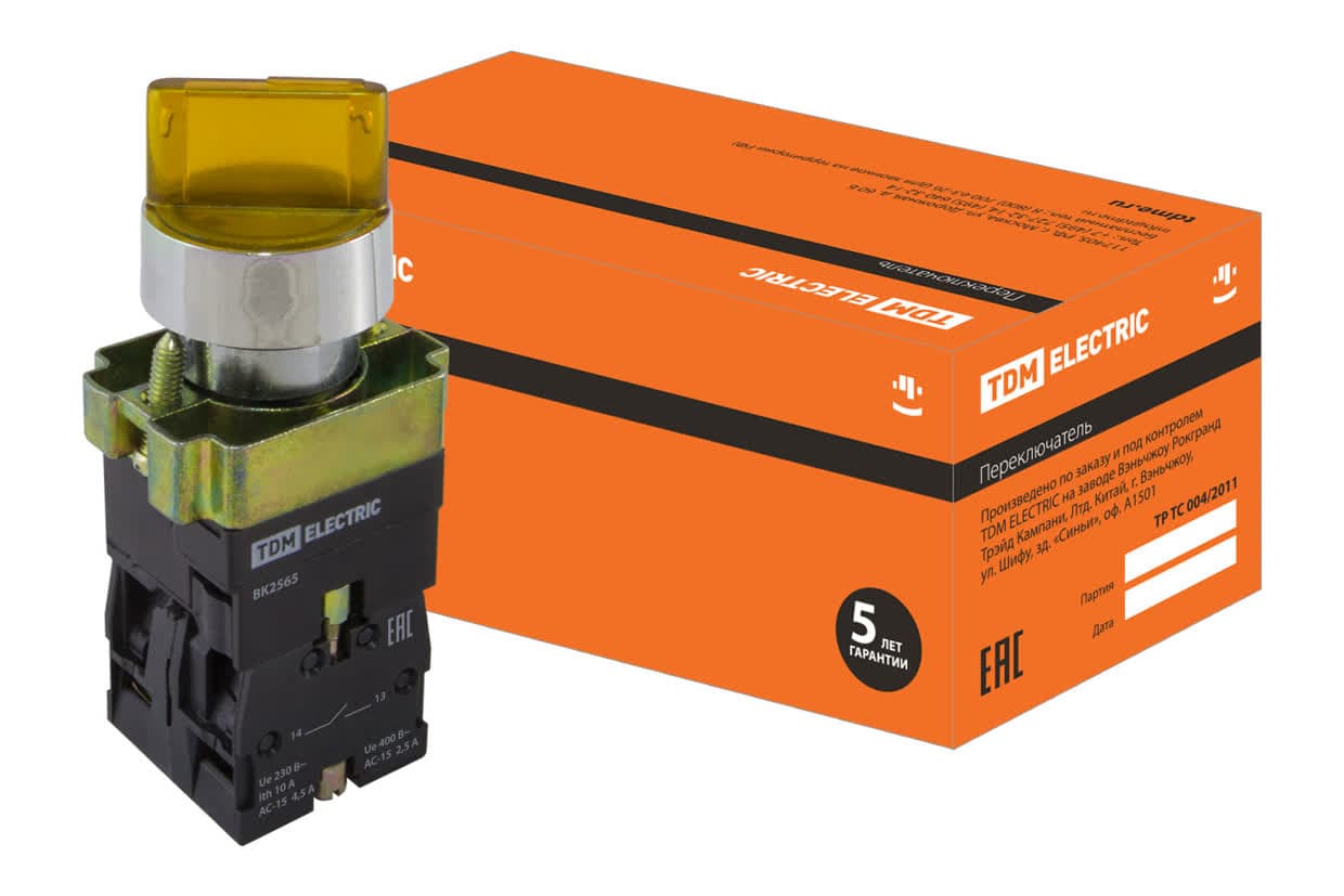 Переключатель на 2 положения SB2-BK2565 с фиксацией, 1НО+1НЗ, d22 мм, с подсветкой 230 В LED, желтый, IP40 TDM