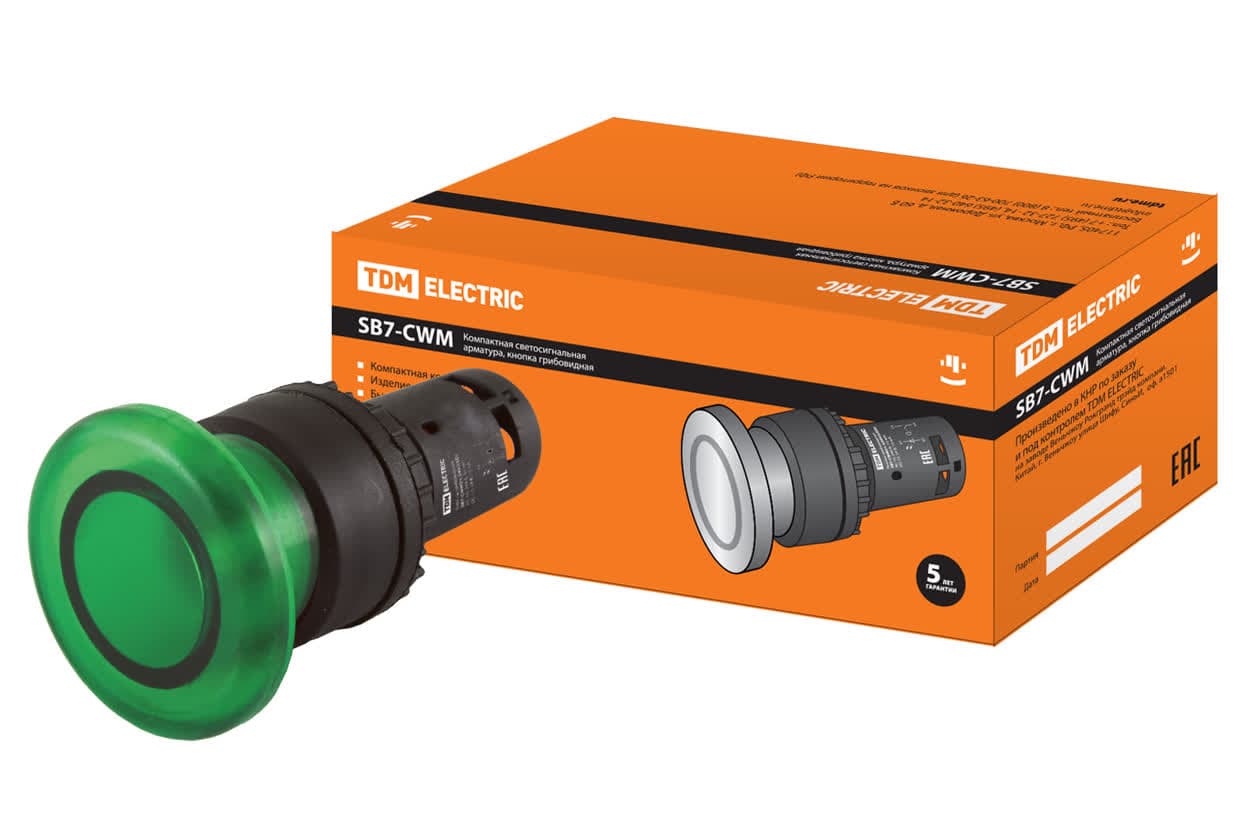 Кнопка грибовидная SB7-CWM31 с возвратом, 1НО, с подсветкой 24 В LED, d35 мм, зеленая, IP40 TDM