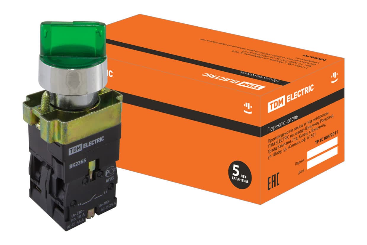 Переключатель на 2 положения SB2-BK2365 с фиксацией, 1НО+1НЗ, d22 мм, с подсветкой 230 В LED, зеленый, IP40 TDM