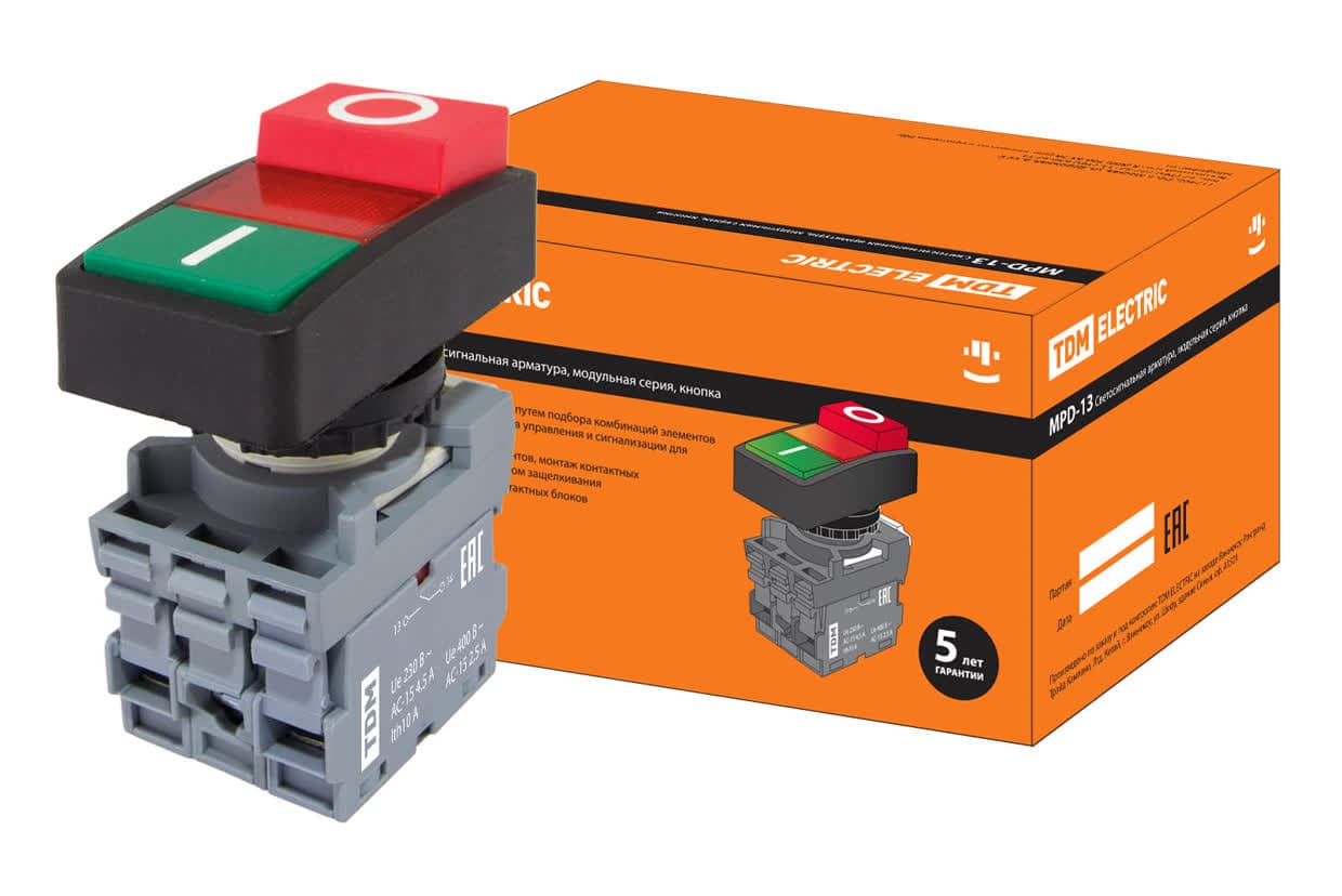 Кнопка двойная MPD13-11R (зеленая/красная-выступающая) (LED) d22мм/24В (I/O) линза красная TDM