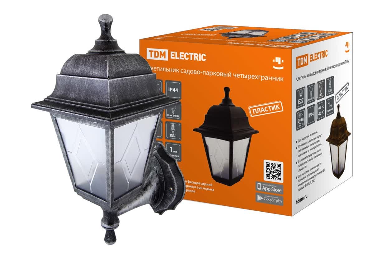 Светильник садово-парковый НБУ 04-60-001 четырехгранник, настенный, пластик, расс.пластик, серебро TDM