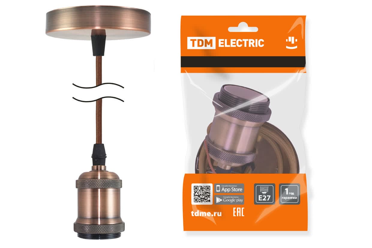 Патрон Е27 с подвесом 1 м, металлический "Лофт", медь TDM