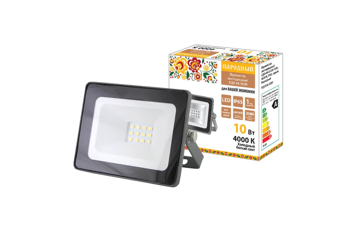 Прожектор светодиодный СДО-04-010Н 10 Вт, 4000 К, IP65, серый, Народный