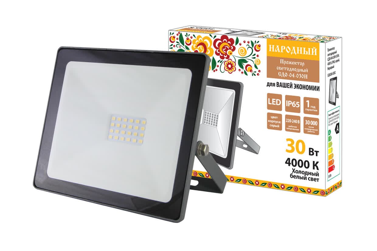 Прожектор светодиодный СДО-04-030Н 30 Вт, 4000 К, IP65, серый, Народный