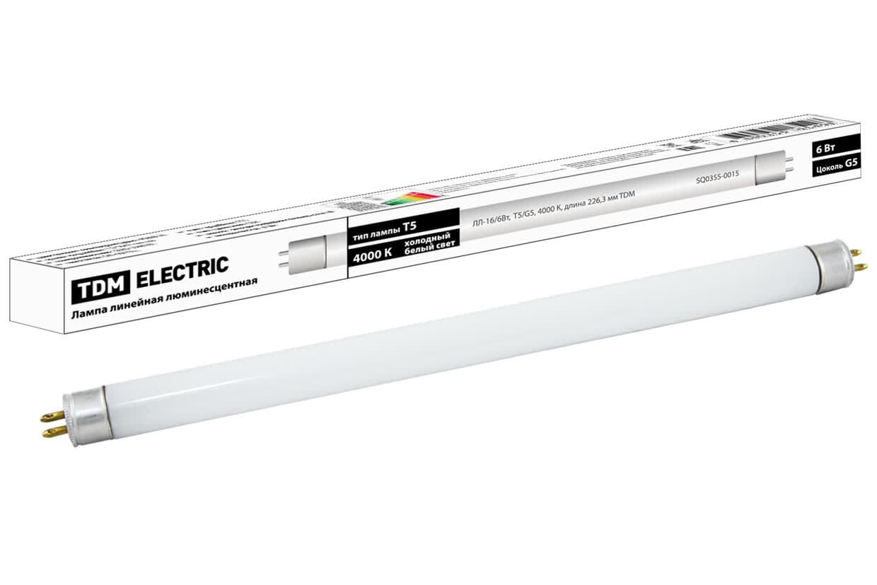 Лампа люминесцентная линейная двухцокольная ЛЛ-16/6 Вт, T5/G5, 4000 К, длина 226,3мм TDM