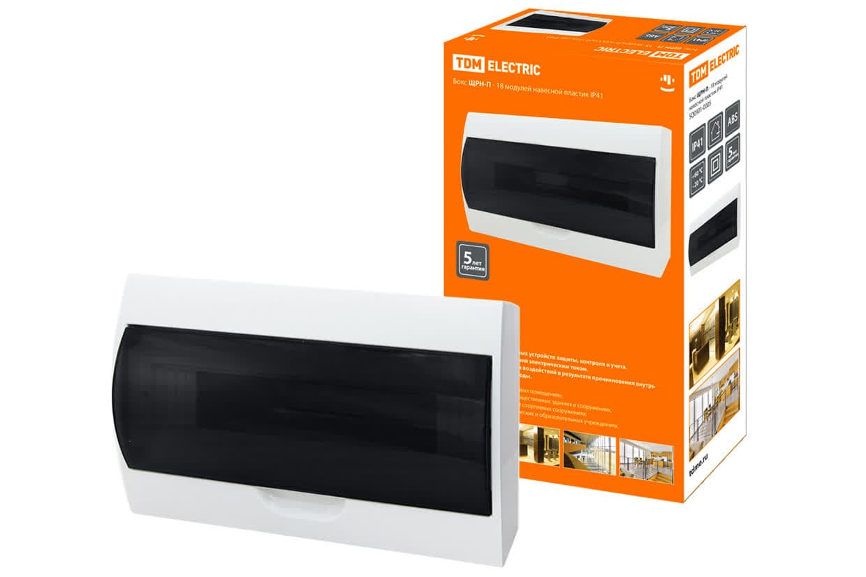 Щит ЩРН-П-18 модулей, навесной, пластик, белый, дымчатая дверца, IP41 TDM