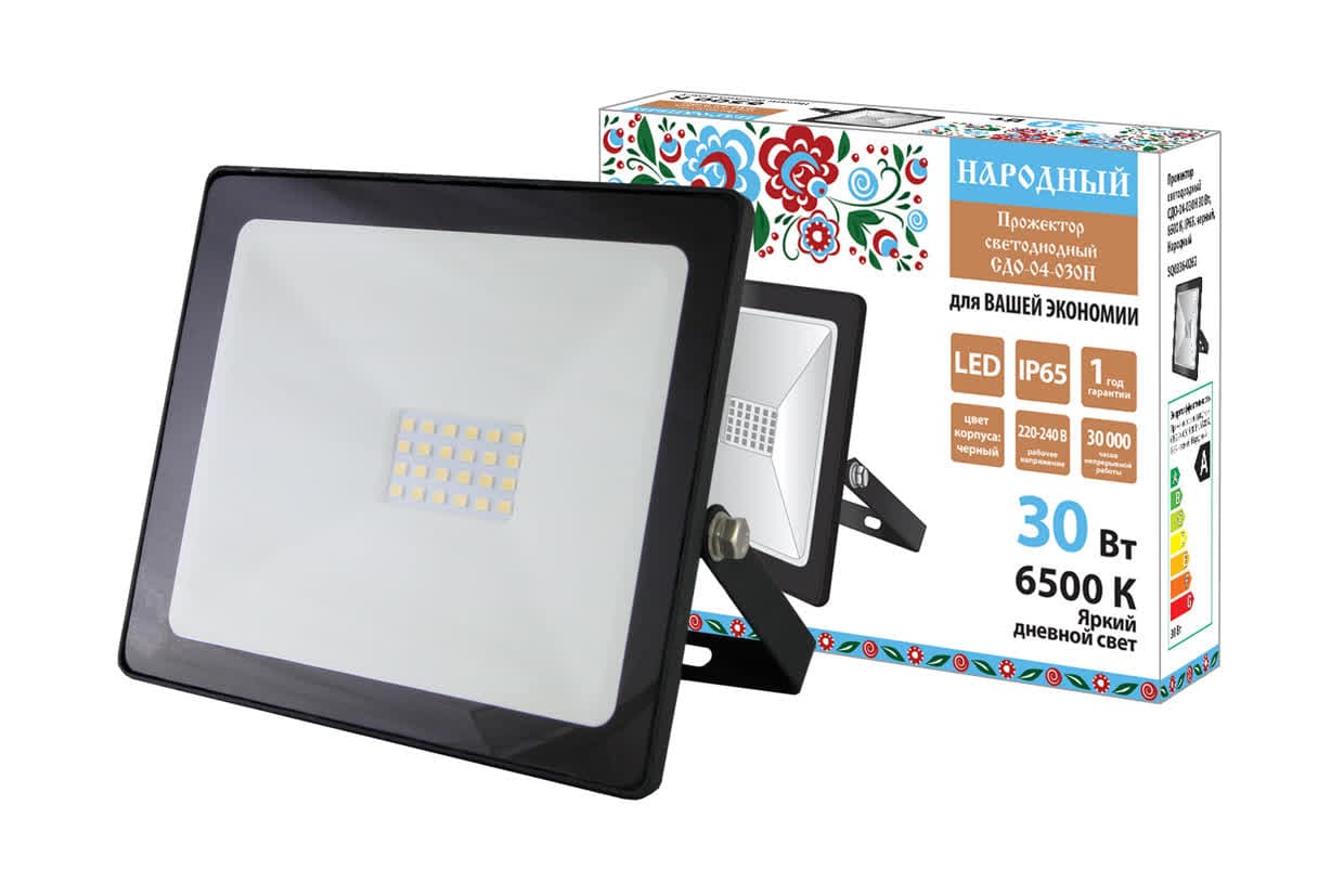Прожектор светодиодный СДО-04-030Н 30 Вт, 6500 К, IP65, черный, Народный