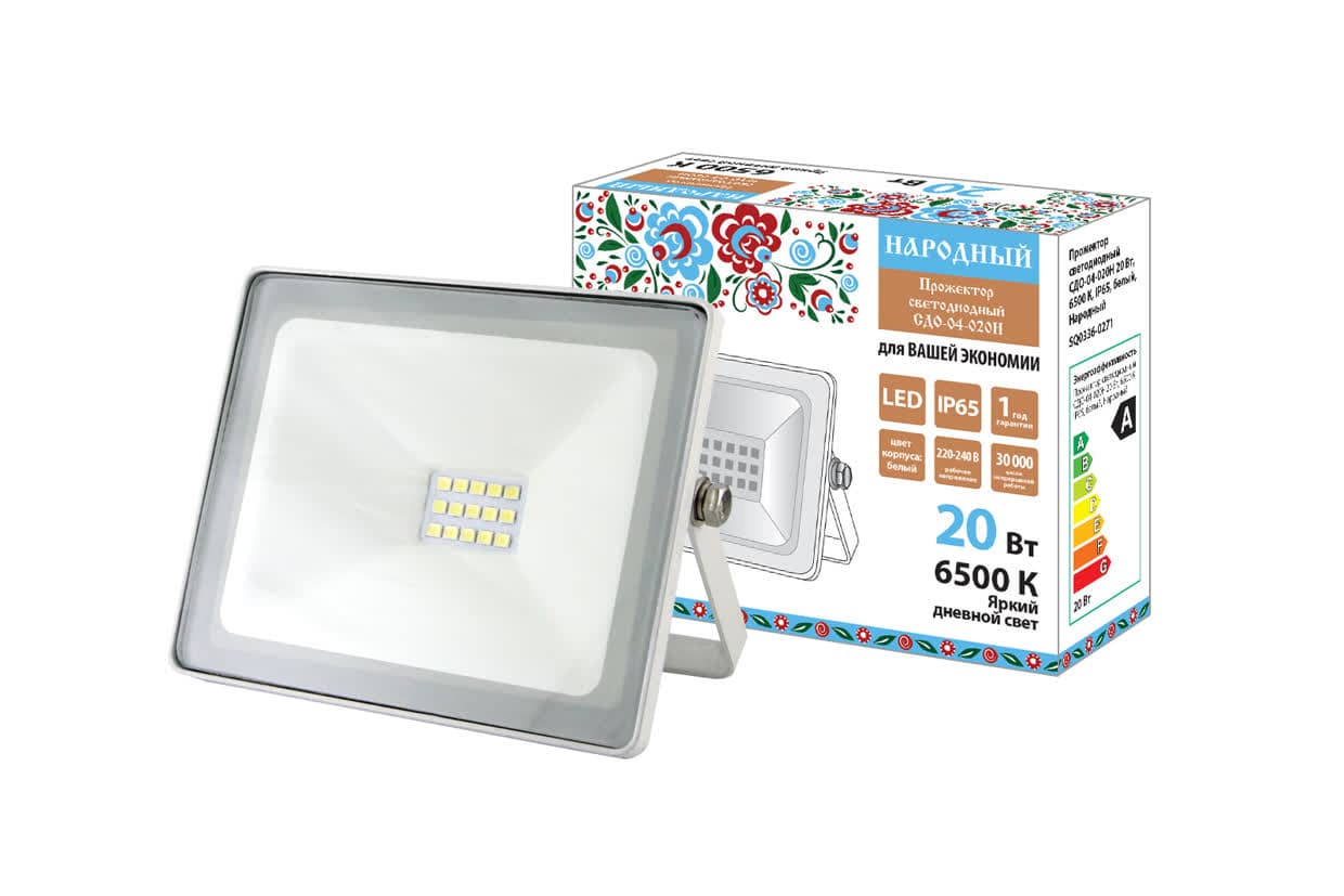 Прожектор светодиодный СДО-04-020Н 20 Вт, 6500 К, IP65, белый, Народный