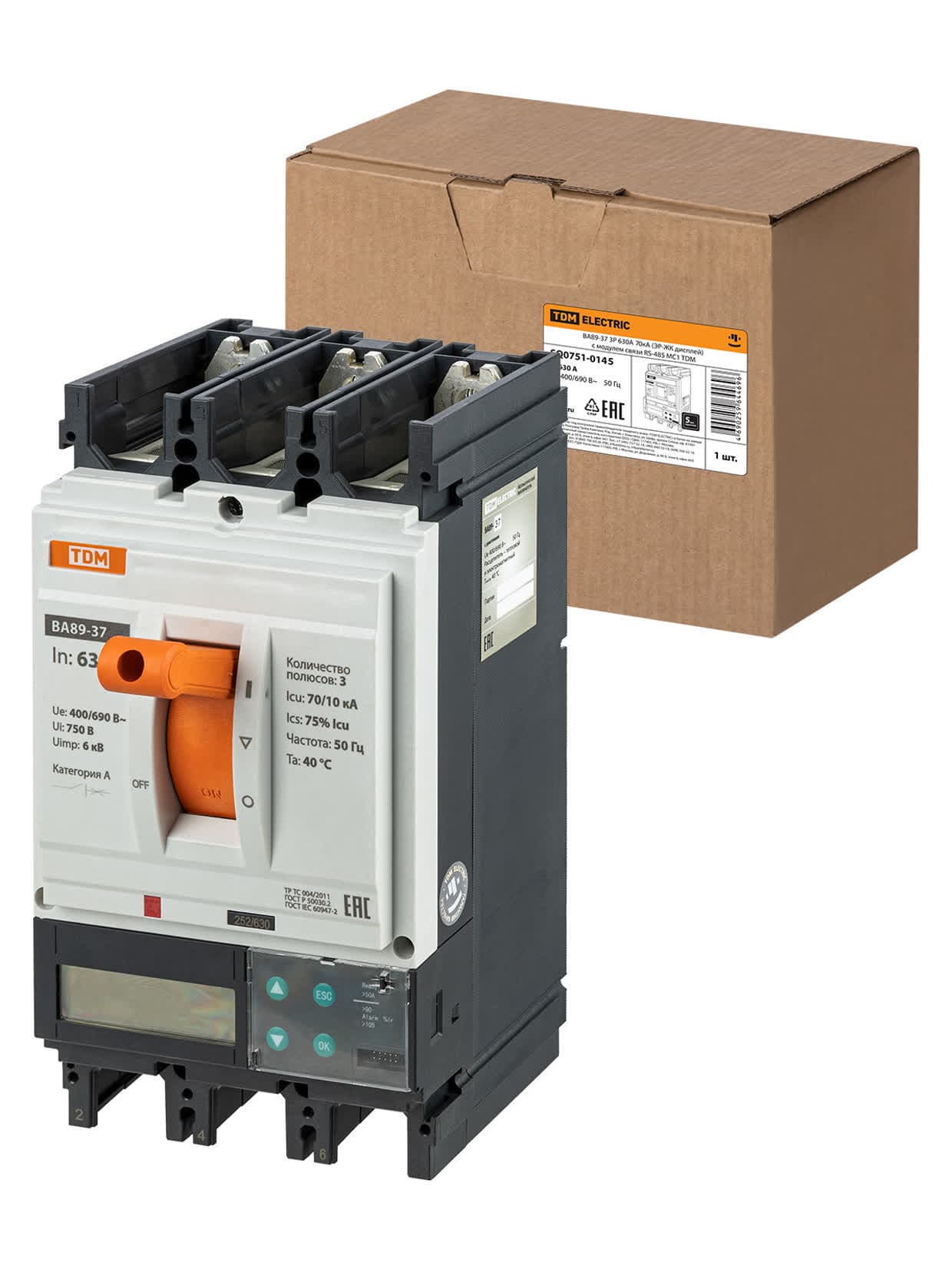 Автоматический выключатель ВА89-37 3Р 630А 70кА (ЭР-ЖК дисплей) с модулем связи RS-485 МС1 TDM