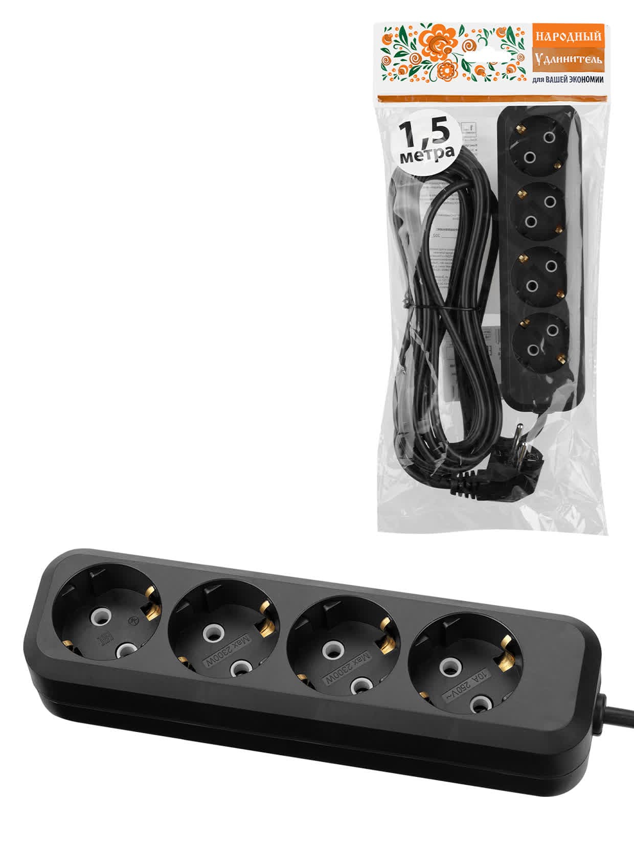 Удлинитель 4 гнезда, 1,5 метра, с/з, 10 А, 2300 Вт, черный, НАРОДНЫЙ У1-42050 (Ун1 420-0001)