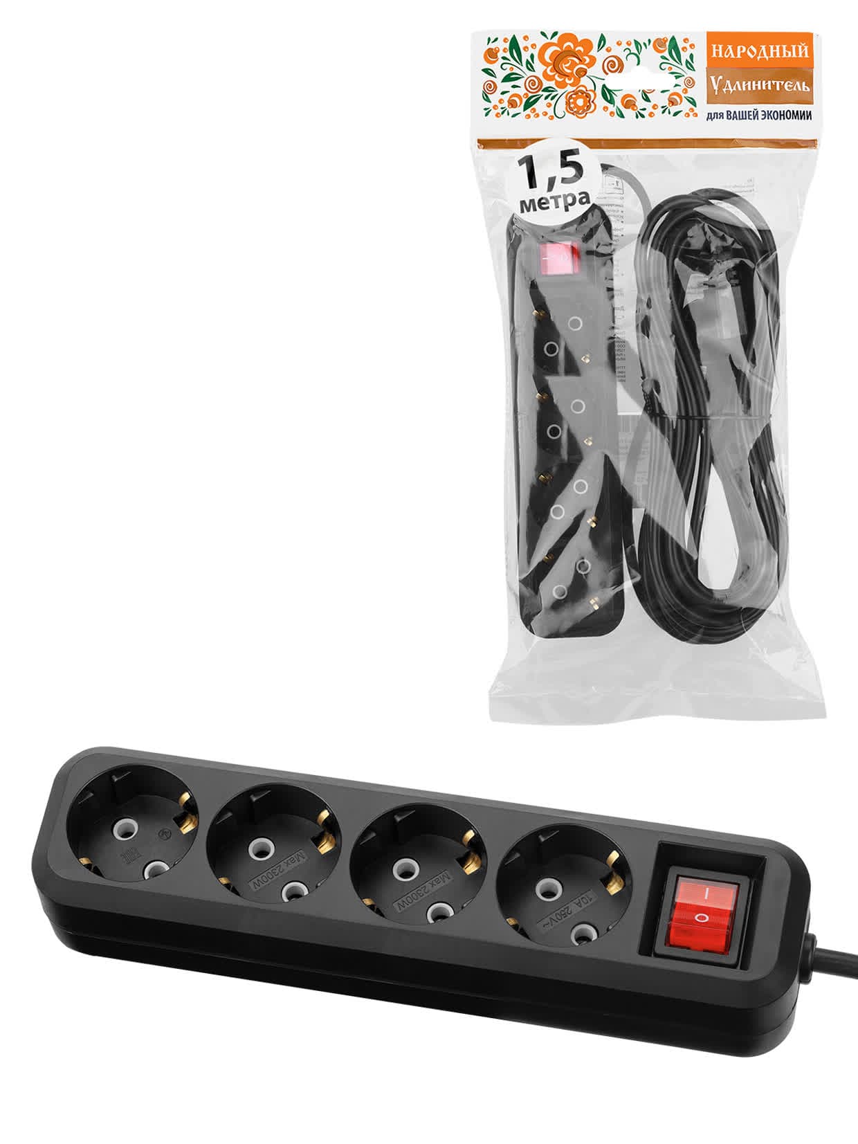 Удлинитель 4 гнезда, 1,5 метра, с/з, выкл., 10 А, 2300 Вт, черный, НАРОДНЫЙ У1-42056 (Ун1 421-0001)