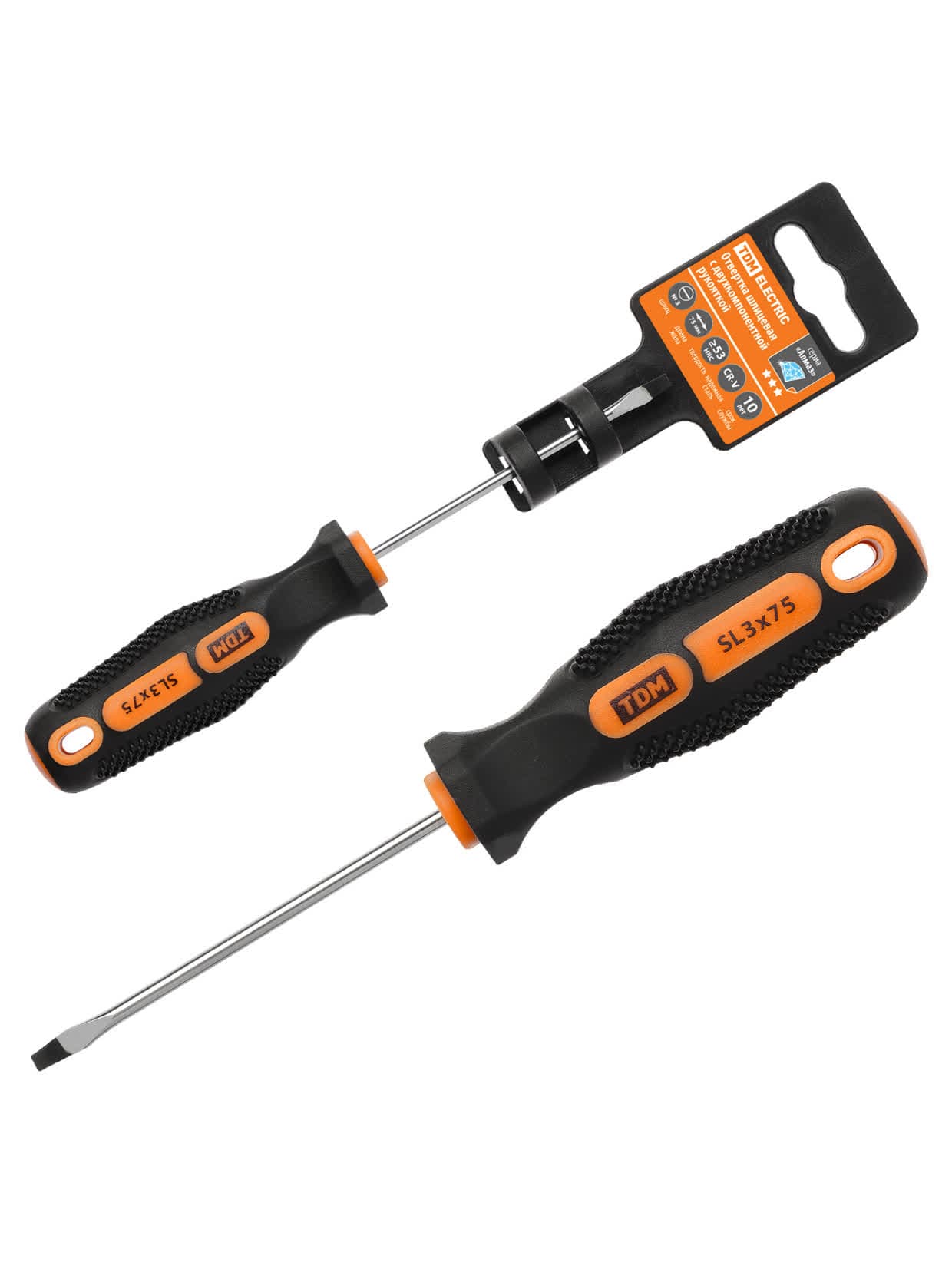 Отвертка шлицевая двухкомпонентная, CR-V тип SL3.0x75, серия "Алмаз" TDM