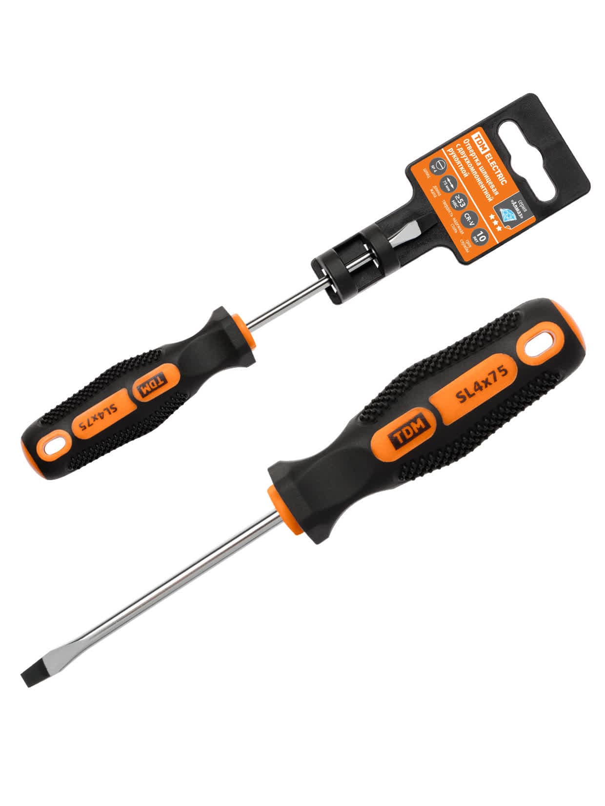 Отвертка шлицевая двухкомпонентная, CR-V тип SL4.0x75, серия "Алмаз" TDM