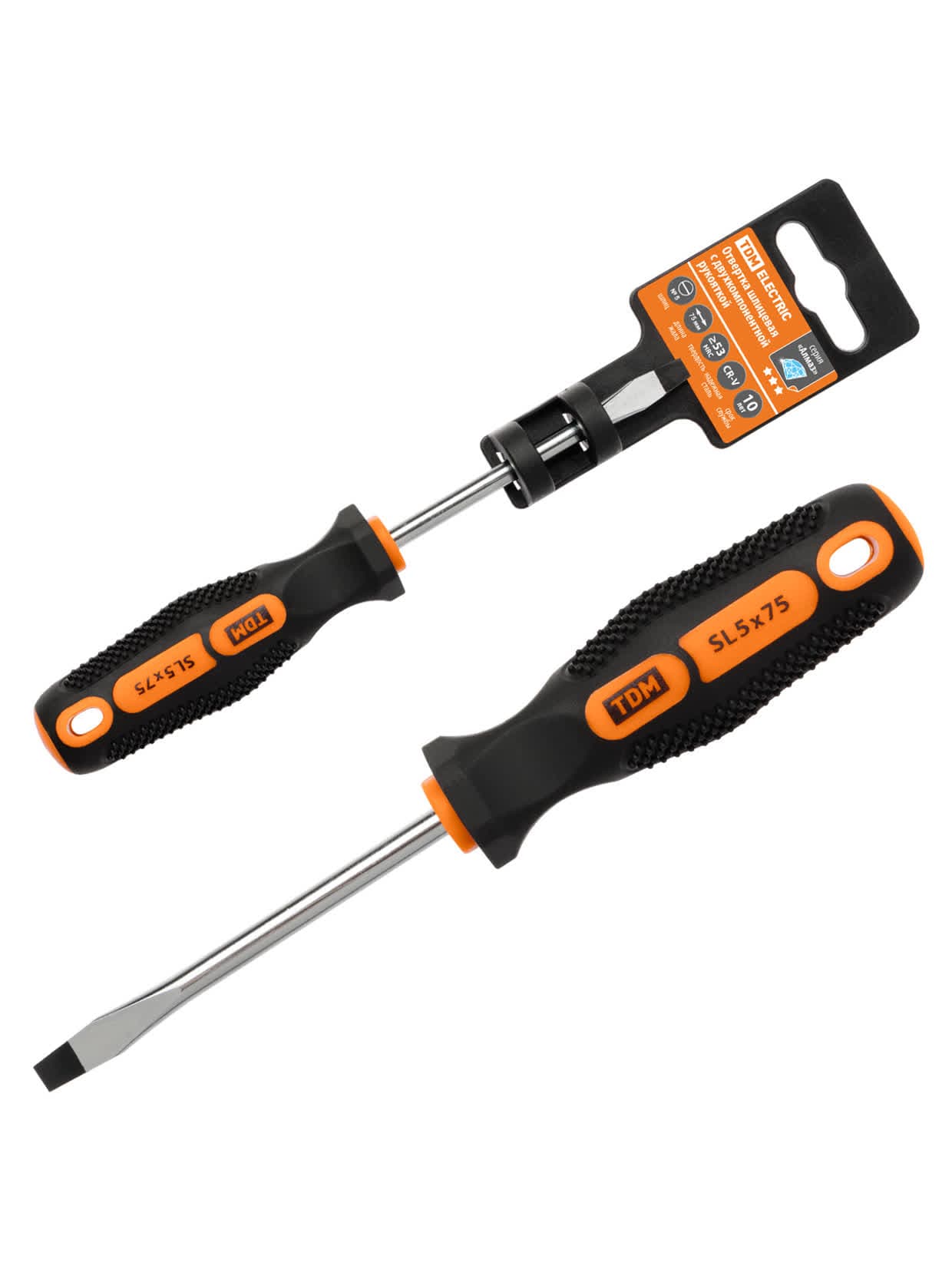 Отвертка шлицевая двухкомпонентная, CR-V тип SL5.0x75, серия "Алмаз" TDM