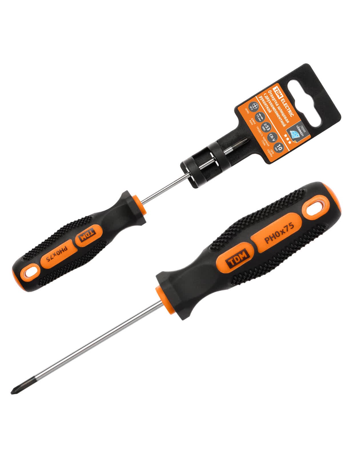 Отвертка крестовая двухкомпонентная, CR-V тип PH0x75, серия "Алмаз" TDM