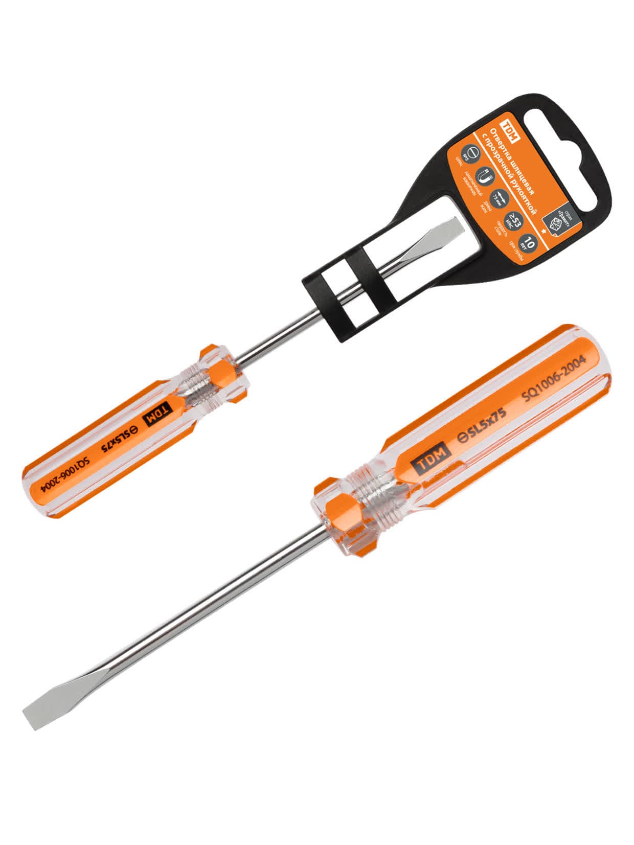 Отвертка шлицевая, прозрачная рукоятка, углеродистая сталь, тип SL5.0 x 75 мм, серия "Гранит" TDM