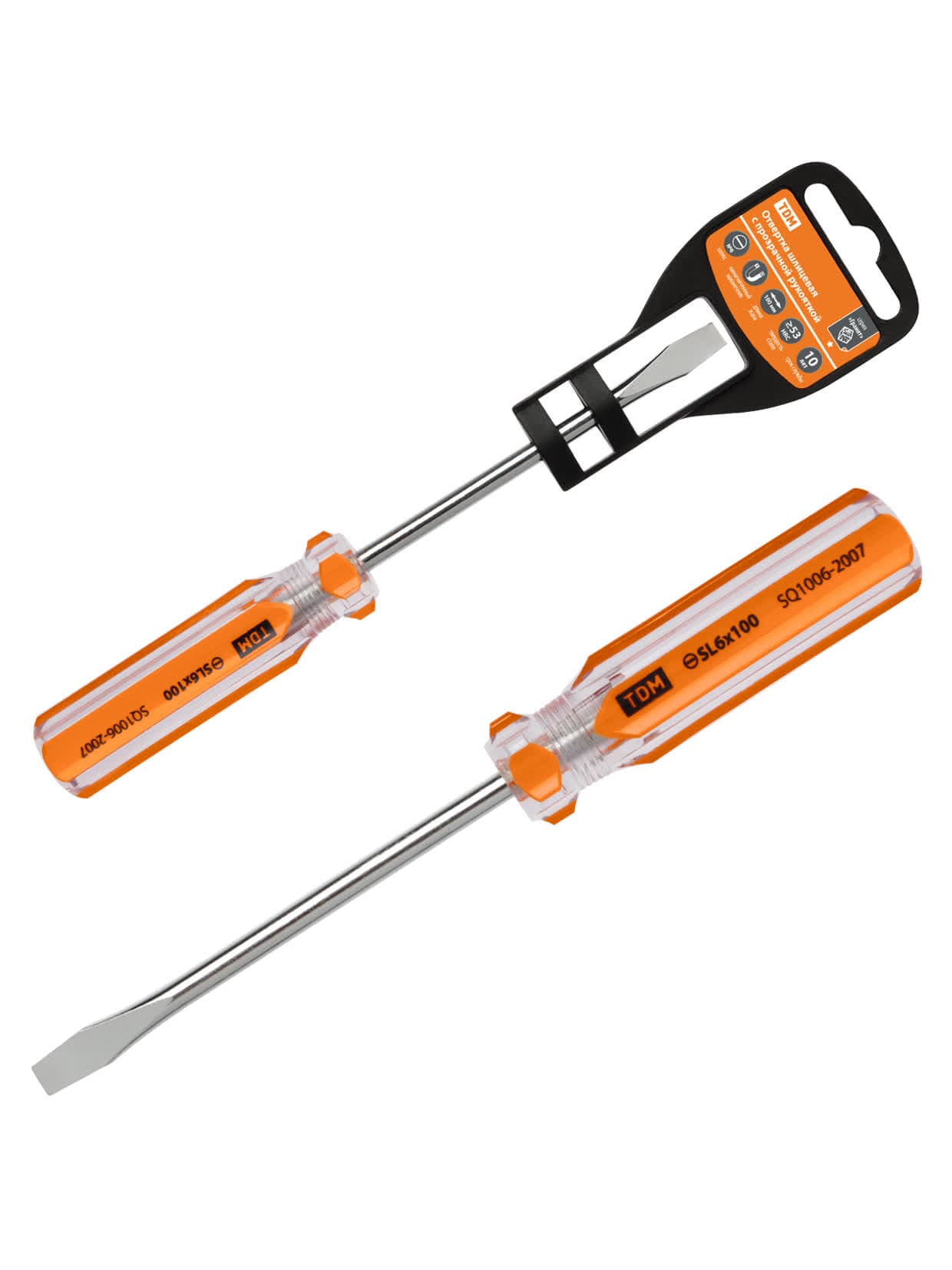 Отвертка шлицевая, прозрачная рукоятка, углеродистая сталь, тип SL6.0 x 100 мм, серия "Гранит" TDM