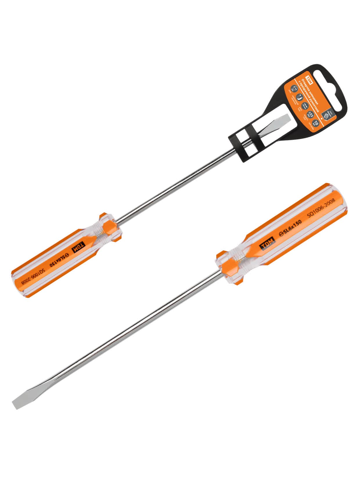 Отвертка шлицевая, прозрачная рукоятка, углеродистая сталь, тип SL6.0 x 150 мм, серия "Гранит" TDM