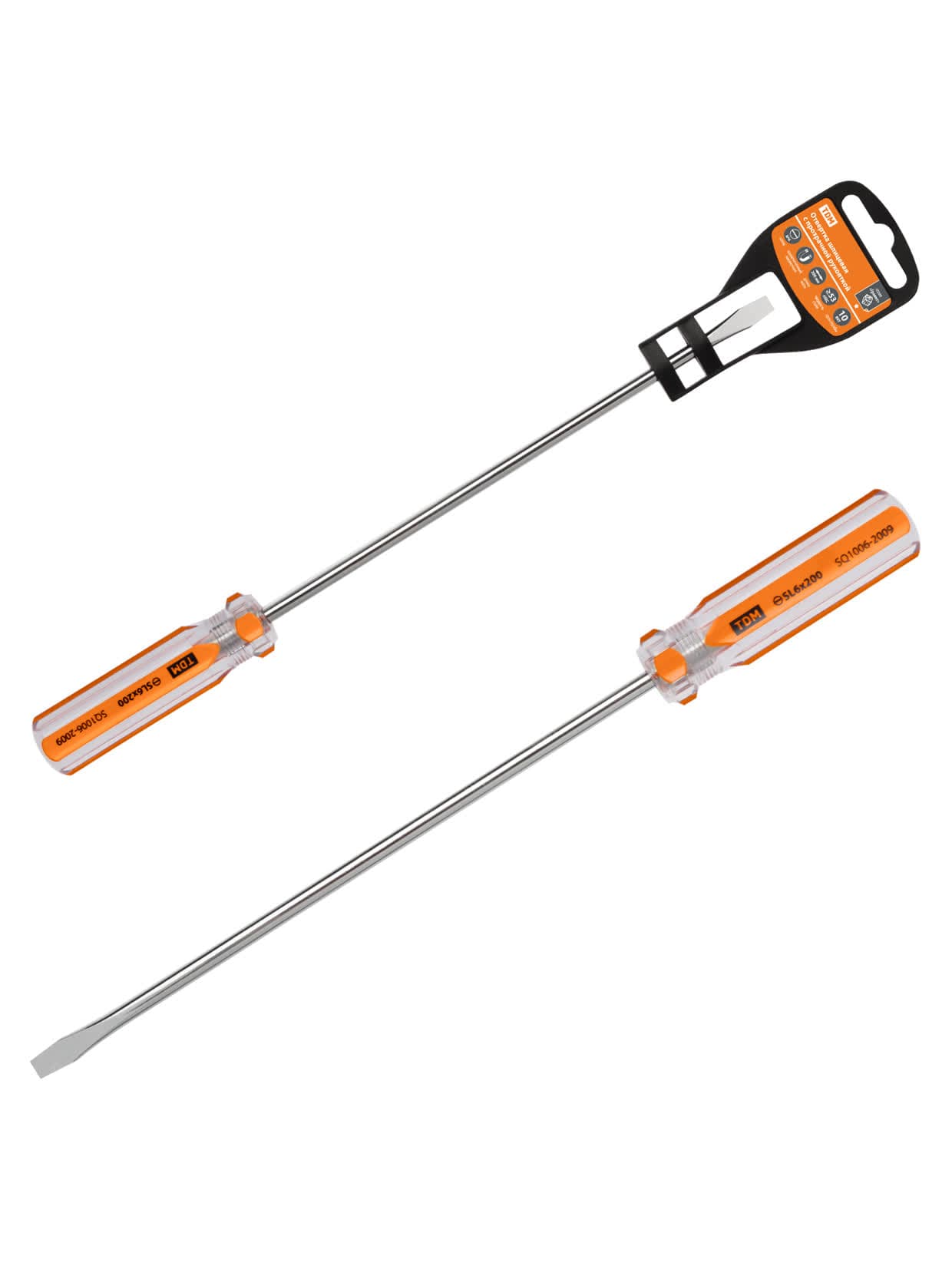 Отвертка шлицевая, прозрачная рукоятка, углеродистая сталь, тип SL6.0 x 200 мм, серия "Гранит" TDM