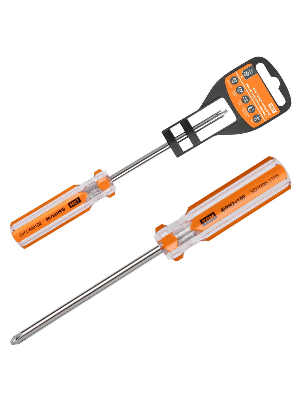 Отвертка крестовая, прозрачная рукоятка, углеродистая сталь, тип PH2 x 100 мм, серия "Гранит" TDM