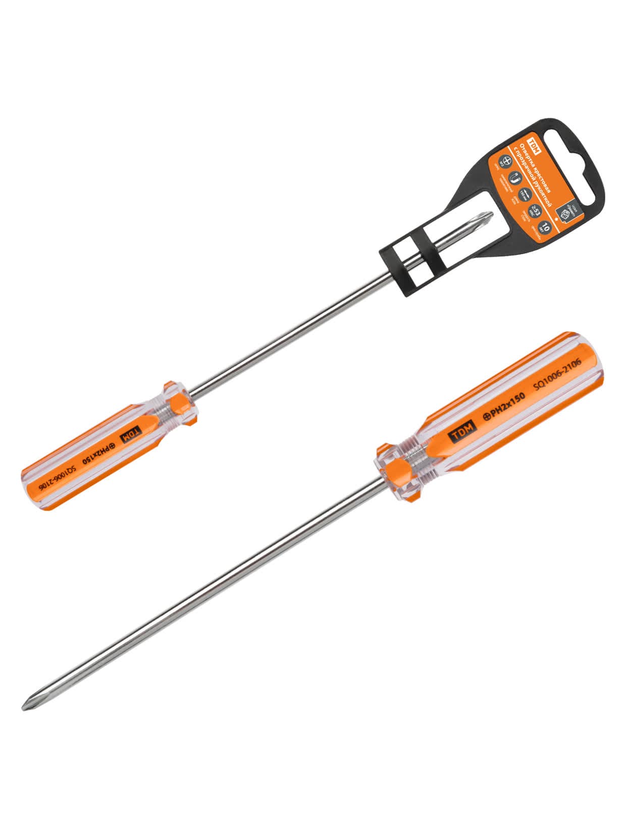 Отвертка крестовая, прозрачная рукоятка, углеродистая сталь, тип PH2 x 150 мм, серия "Гранит" TDM