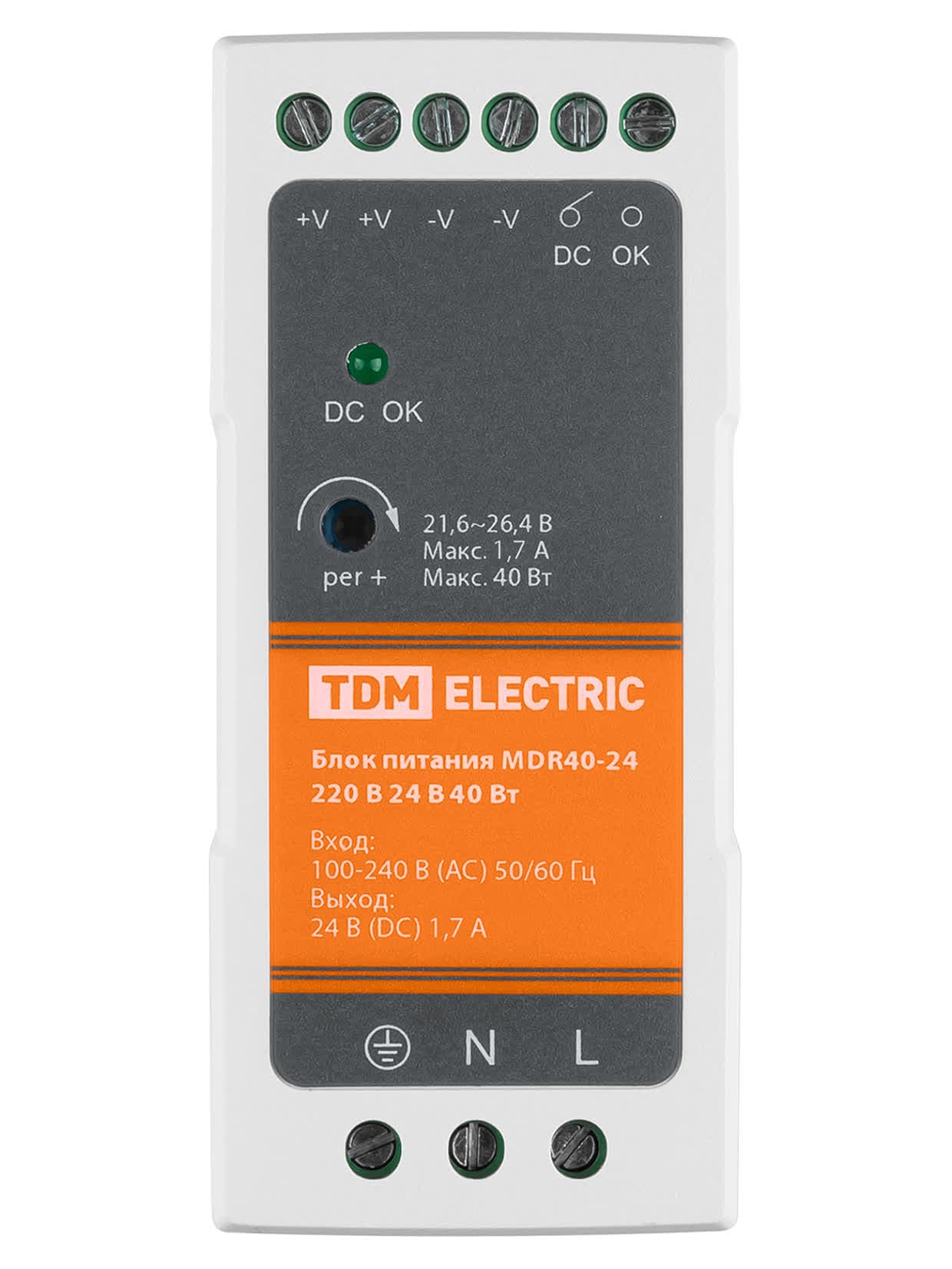 Блок питания MDR40-24, 220 В, 24 В, 40 Вт (на DIN-рейку) TDM