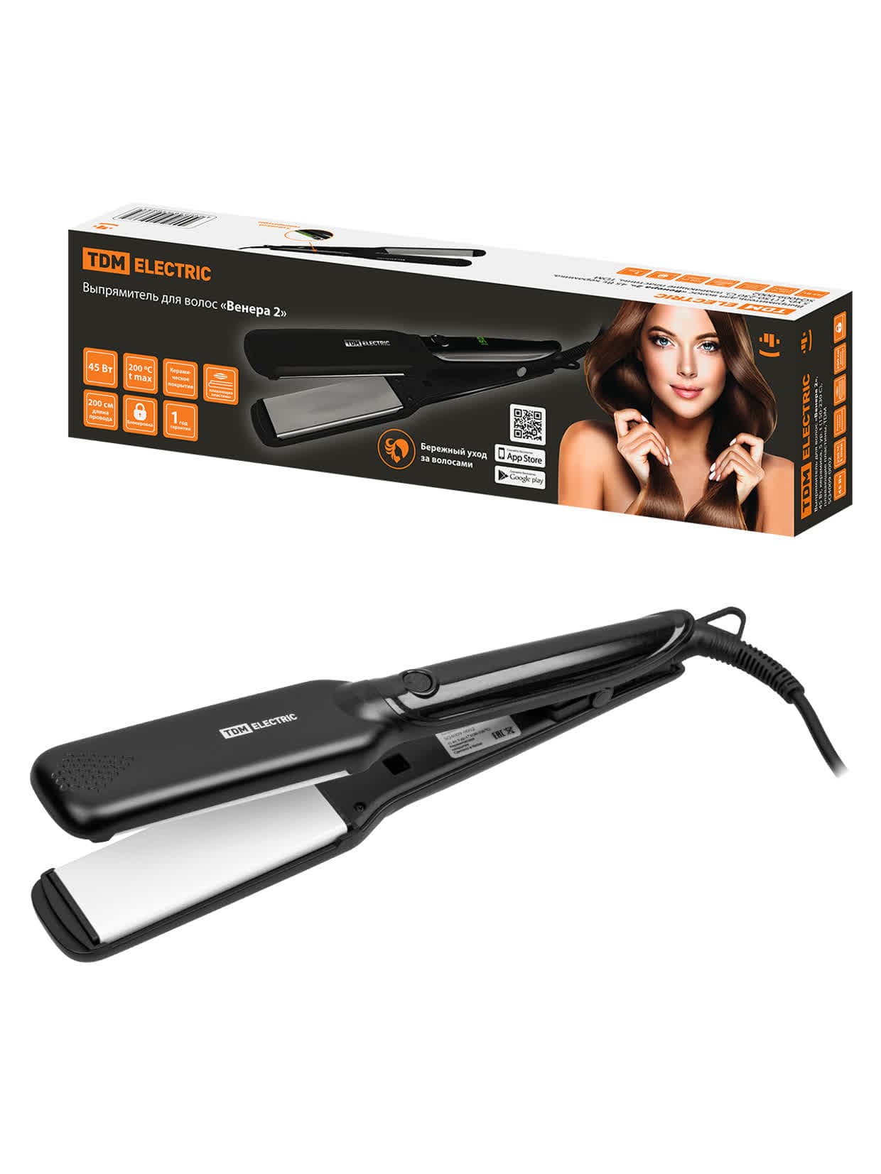 Выпрямитель для волос "Венера 2", 45 Вт, керамика, 5 ур. t (150-230 С), плавающие пластины, TDM