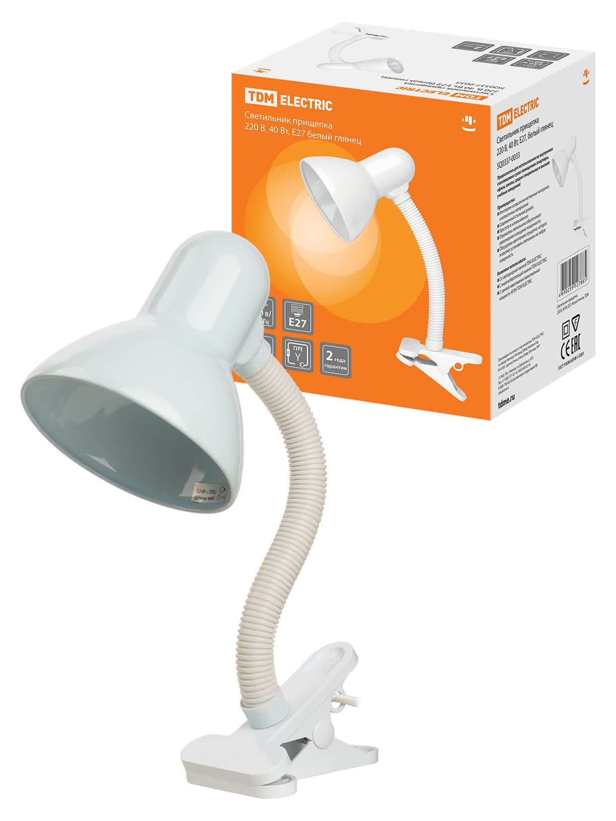 Светильник прищепка 220В, 40Вт, E27 белый глянец TDM