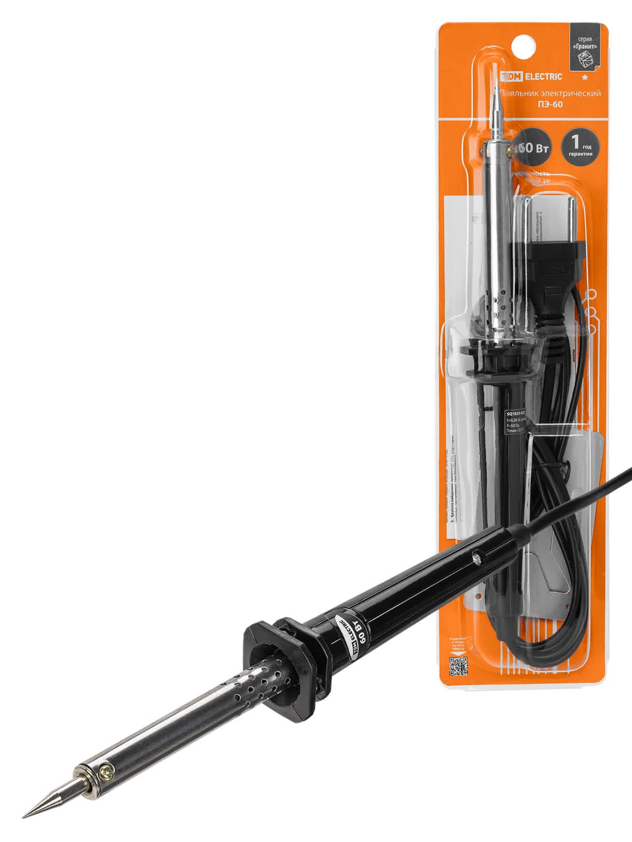 Паяльник электрический ПЭ-60  с жалом типа "конус", в комплекте подставка, 60 Вт, "Гранит" TDM