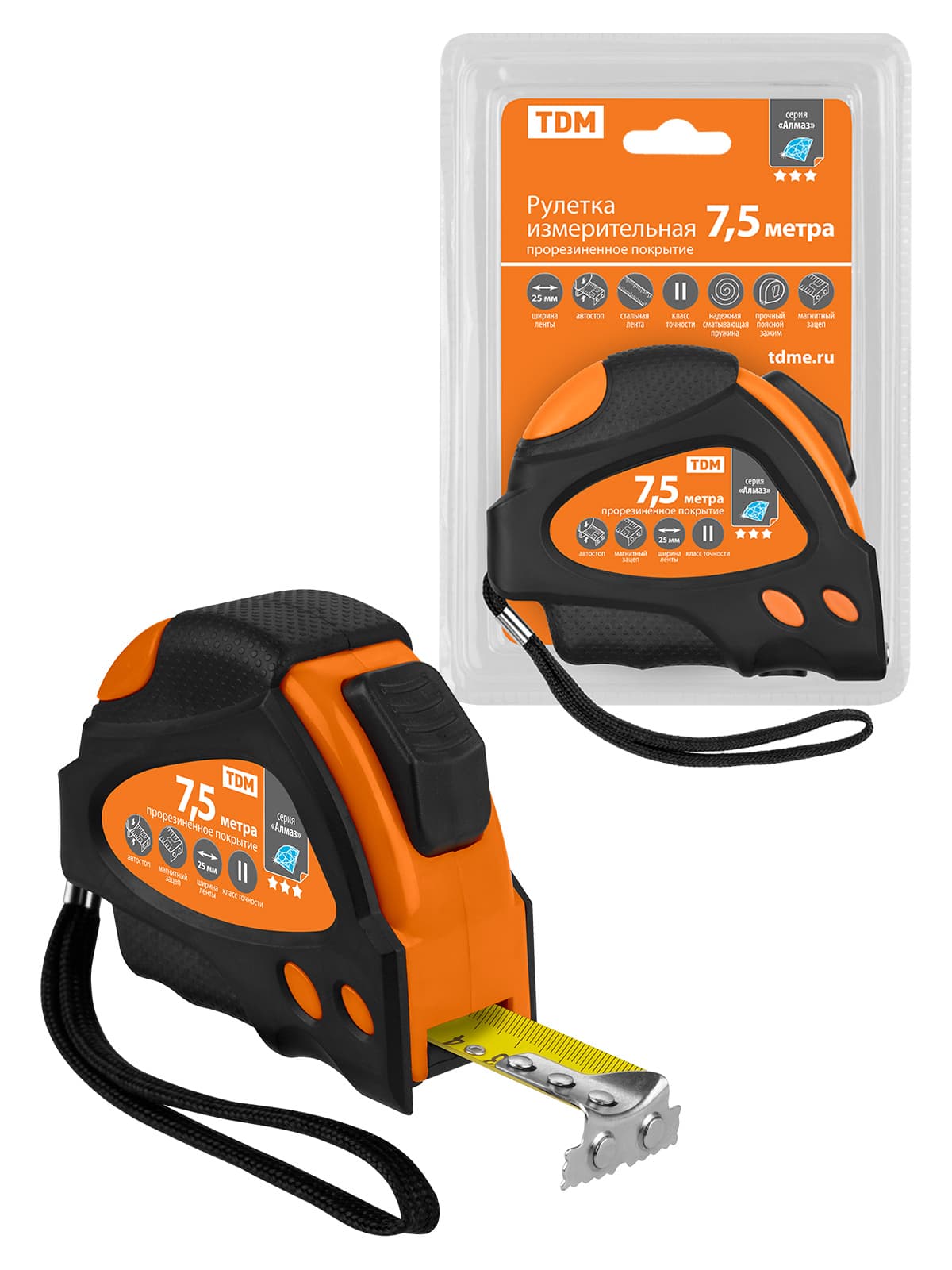 Рулетка 7,5 м х 25 мм, тройная фиксация, автостоп, обрезиненный корпус, магнит, "Алмаз" TDM