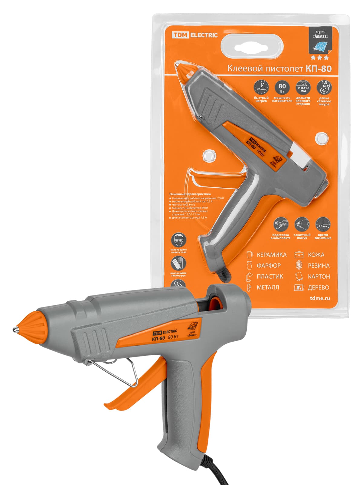 Клеевой пистолет КП-80 , 11,3 мм, с подставкой, шнур 1,3 м, 80 Вт, Т=220 С "Алмаз" TDM