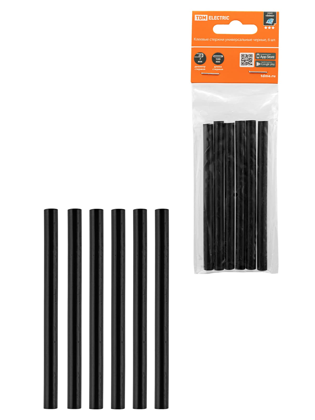 Клеевые стержни универсальные черные, 7 мм x 100 мм, 6 шт, "Алмаз" TDM