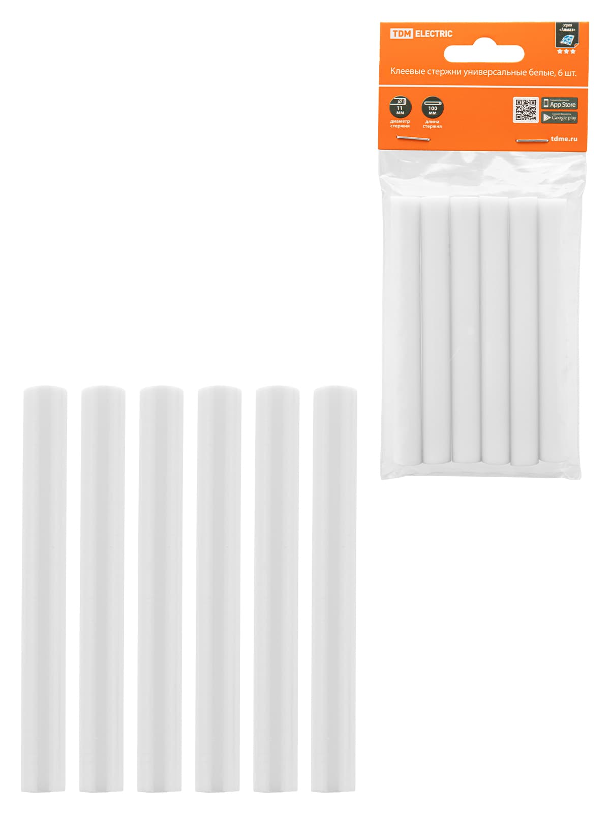 Клеевые стержни универсальные белые, 11 мм x 100 мм, 6 шт, "Алмаз" TDM
