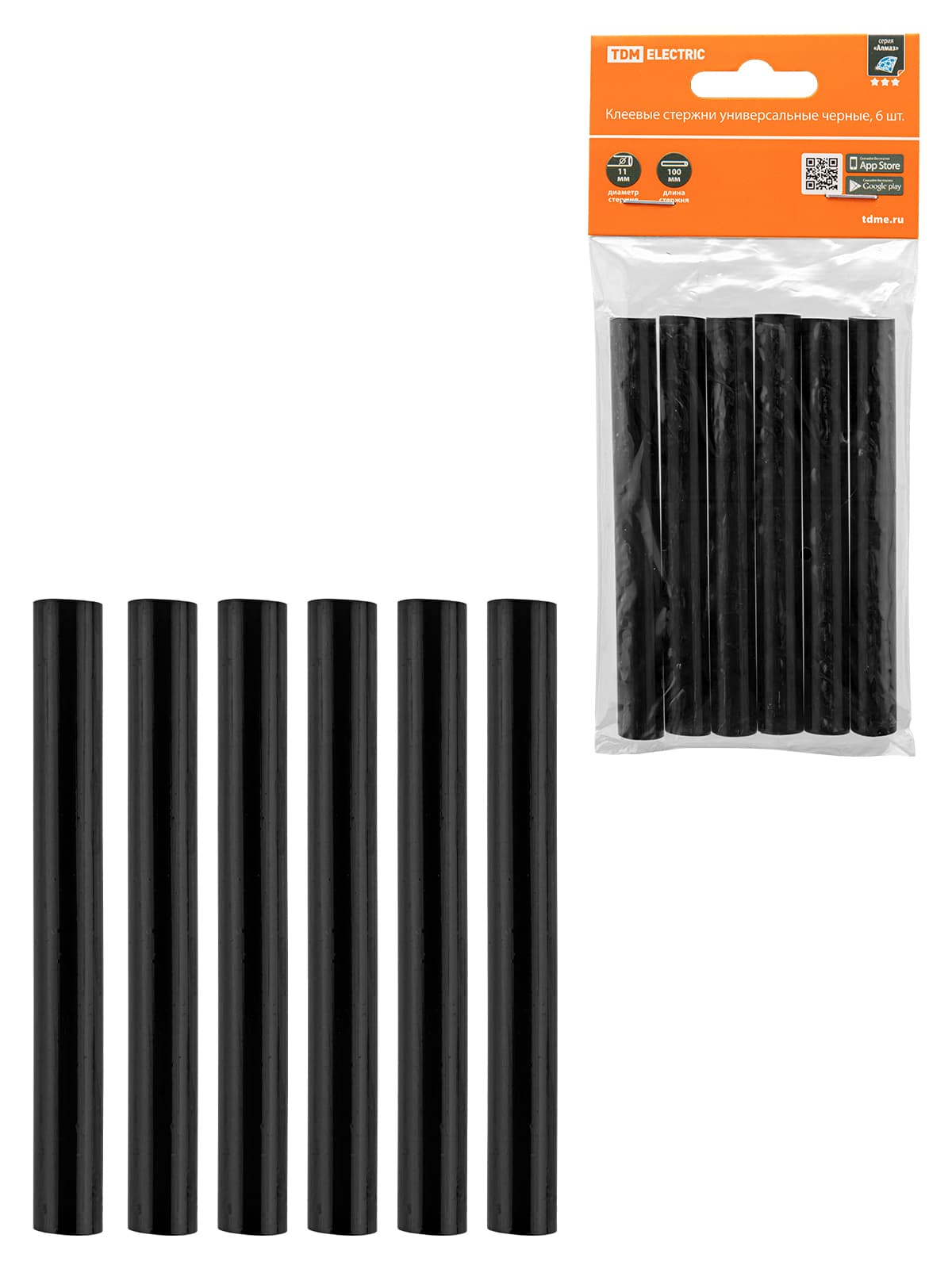 Клеевые стержни универсальные черные, 11 мм x 100 мм, 6 шт, "Алмаз" TDM