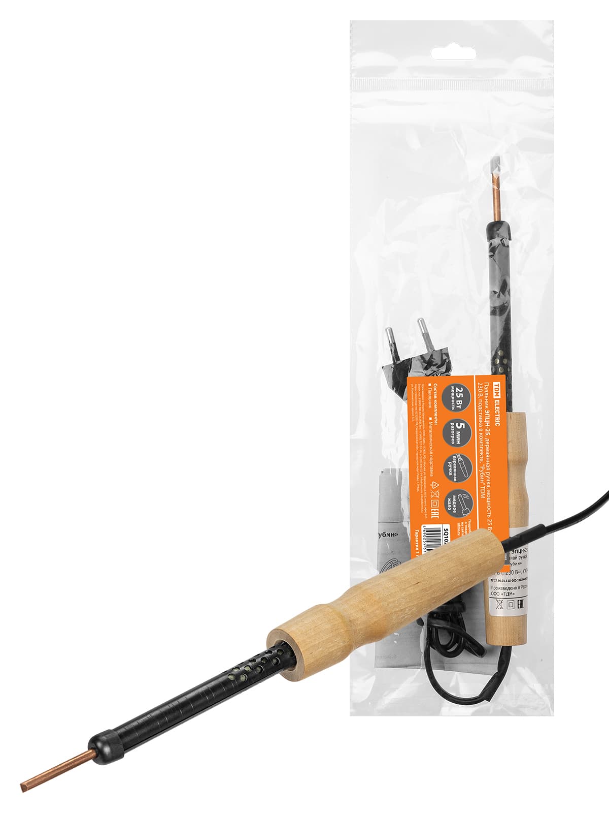 Паяльник ЭПЦН-25, деревянная ручка, мощность 25 Вт, 230 В, подставка в комплекте, "Рубин" TDM