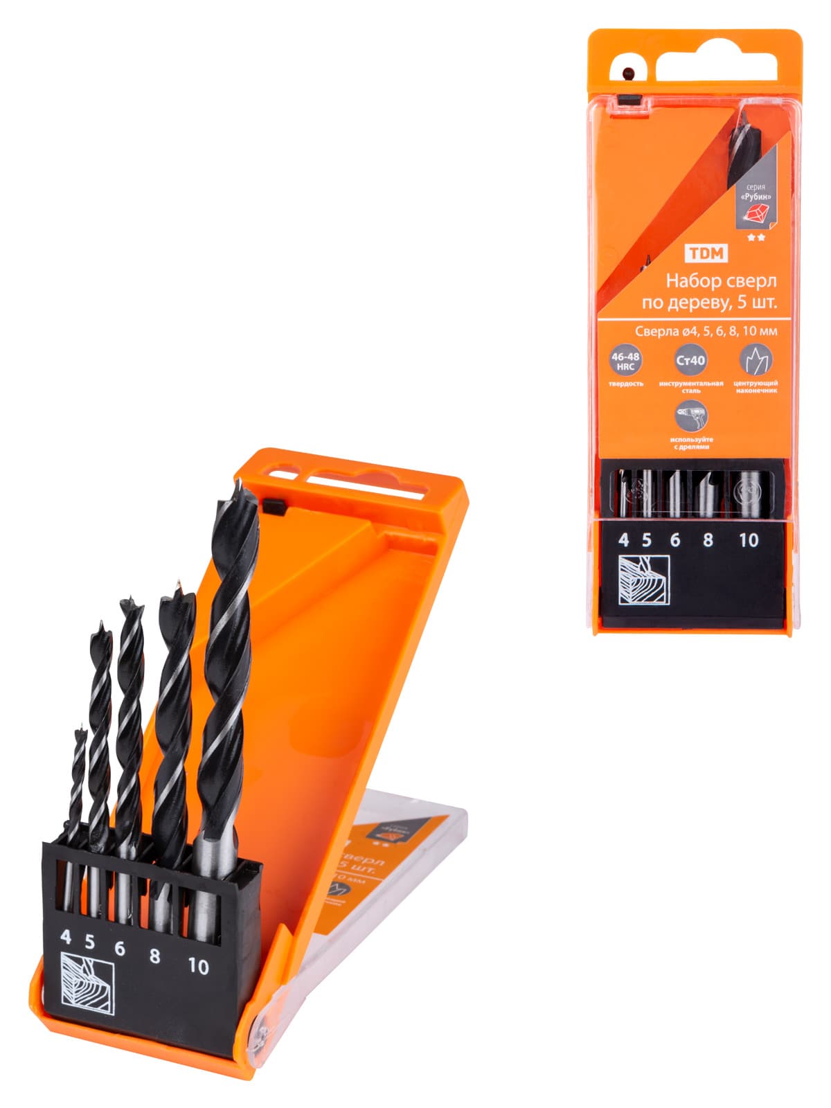 Набор сверл по дереву, 5 шт. (4-5-6-8-10) мм, полир., пласт. уп., "Рубин" TDM