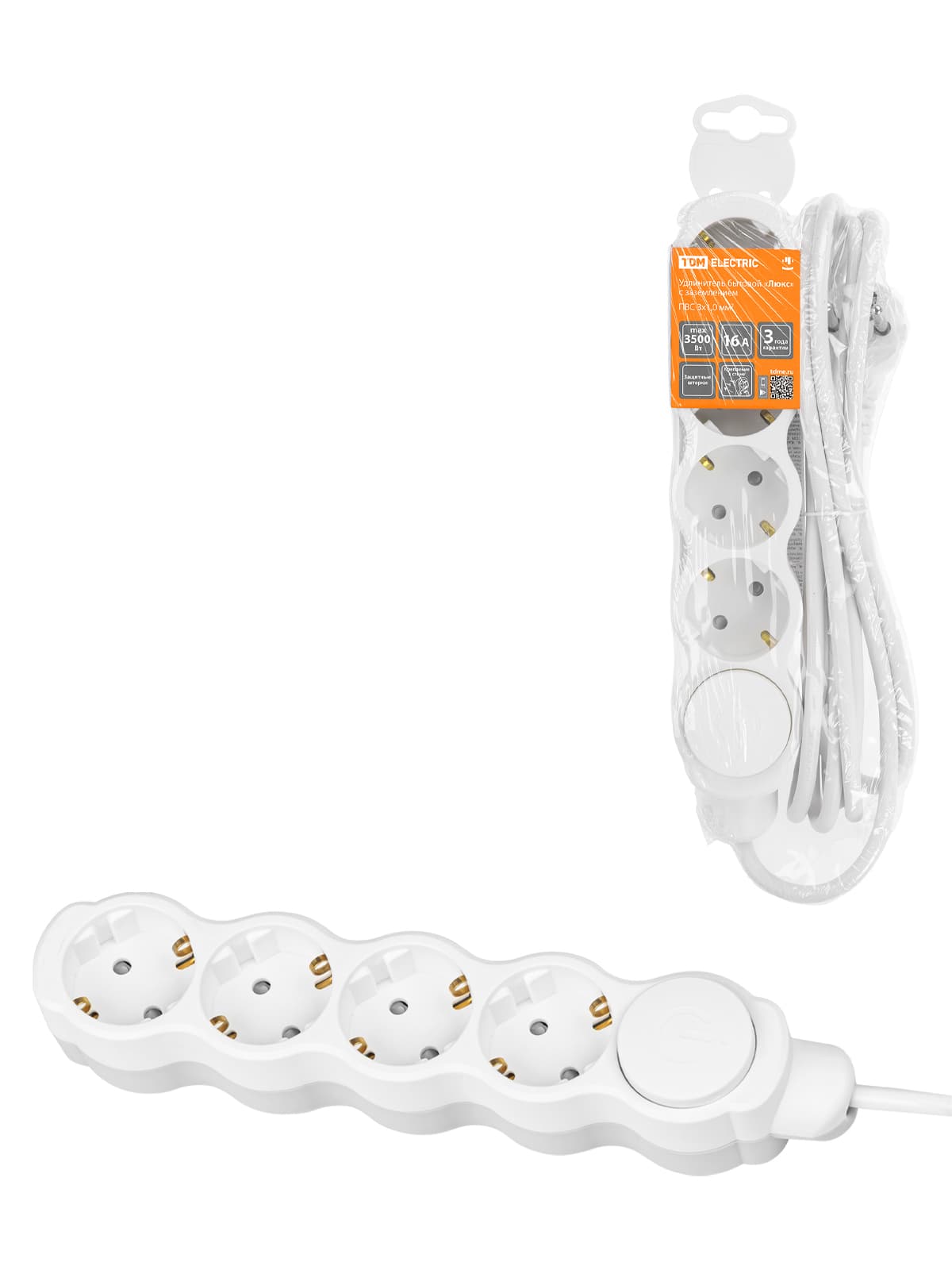 Удлинитель бытовой "Люкс" УЛ04В выкл, 4 гнезда, 3м, с/з, с з/ш, ПВС 3х1мм2 16А/250В бело-серый TDM
