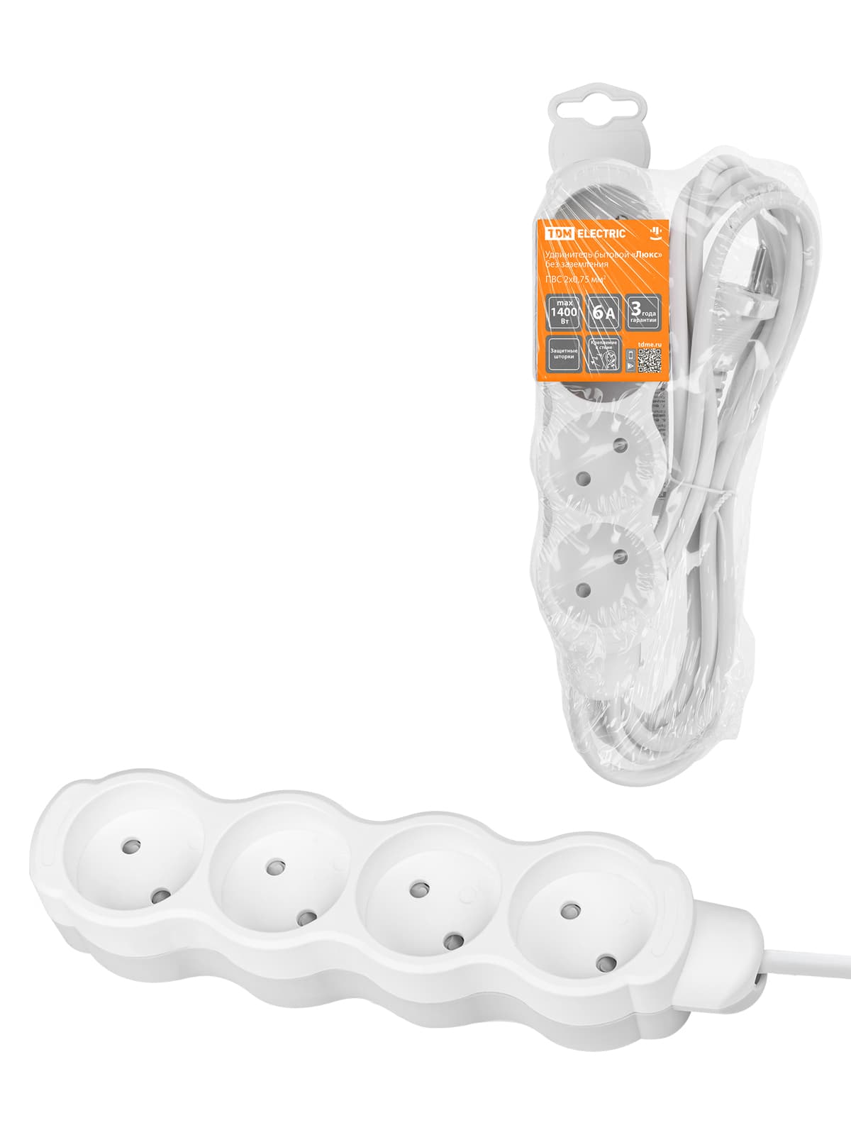 Удлинитель бытовой  "Люкс" УЛ4 4 гнезда, 10м, б/з, с з/ш, ПВС 2х0,75 мм2  10А/250В бело-серый TDM