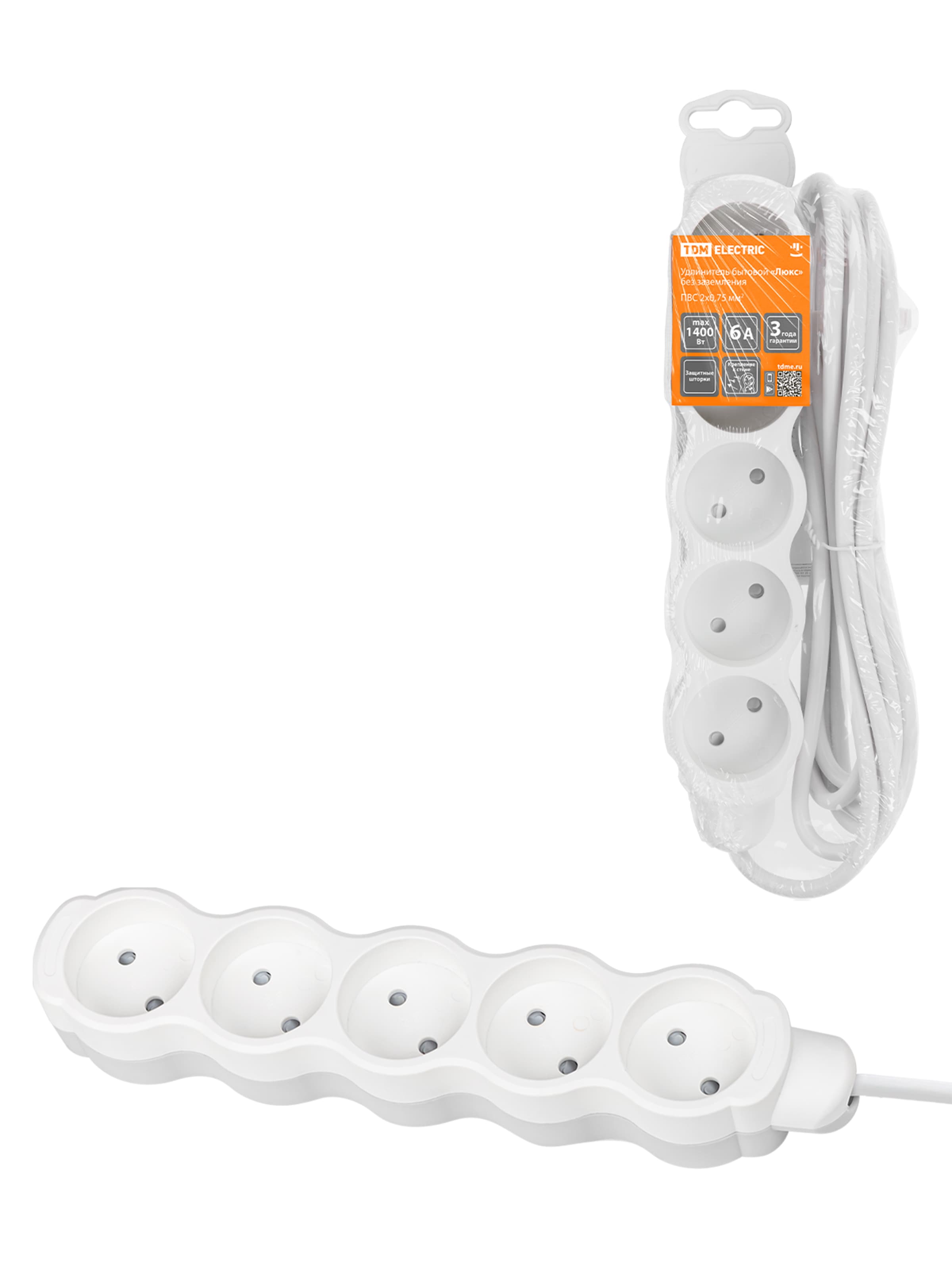 Удлинитель бытовой  "Люкс" УЛ5 5 гнезд, 5м, б/з, с з/ш, ПВС 2х0,75 мм2  10А/250В бело-серый TDM