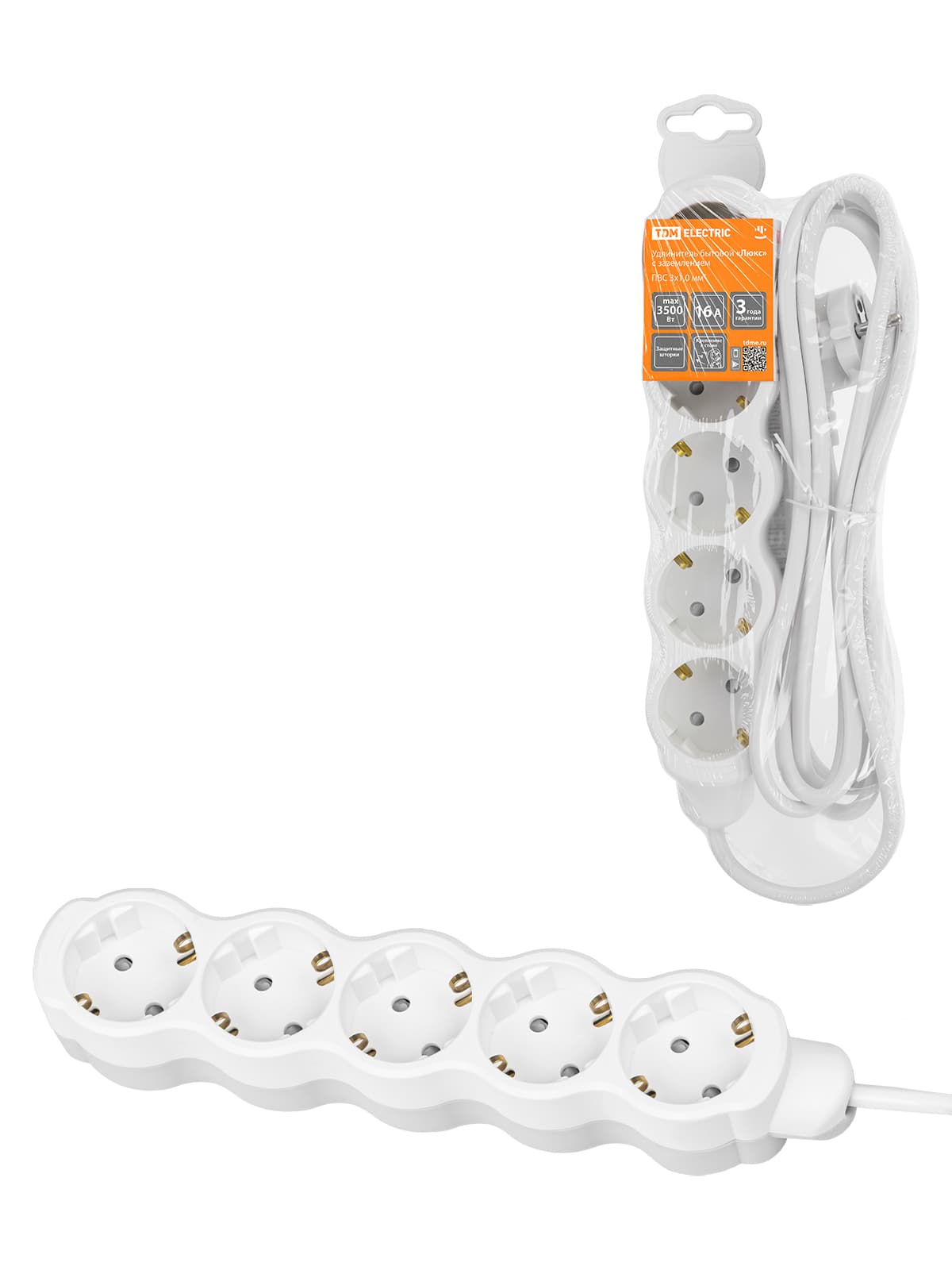 Удлинитель бытовой "Люкс" УЛ05 5 гнезд, 1,5м, с/з, с з/ш, ПВС 3х1мм2 16А/250В бело-серый TDM