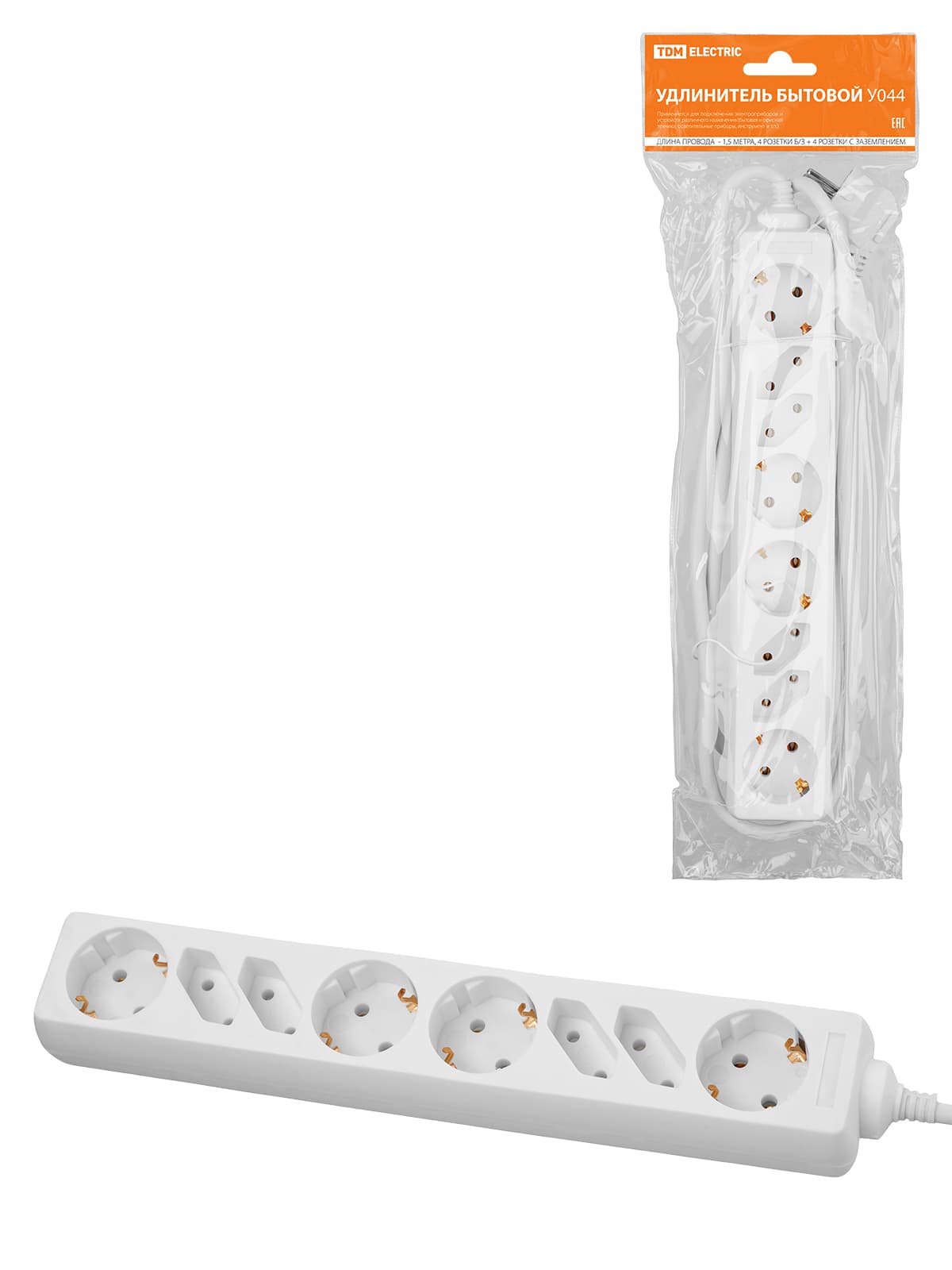 Удлинитель бытовой  У044, 4 б/з+4 с/з, 1,5метра, ПВС 3х1,5мм2  16А/250В TDM