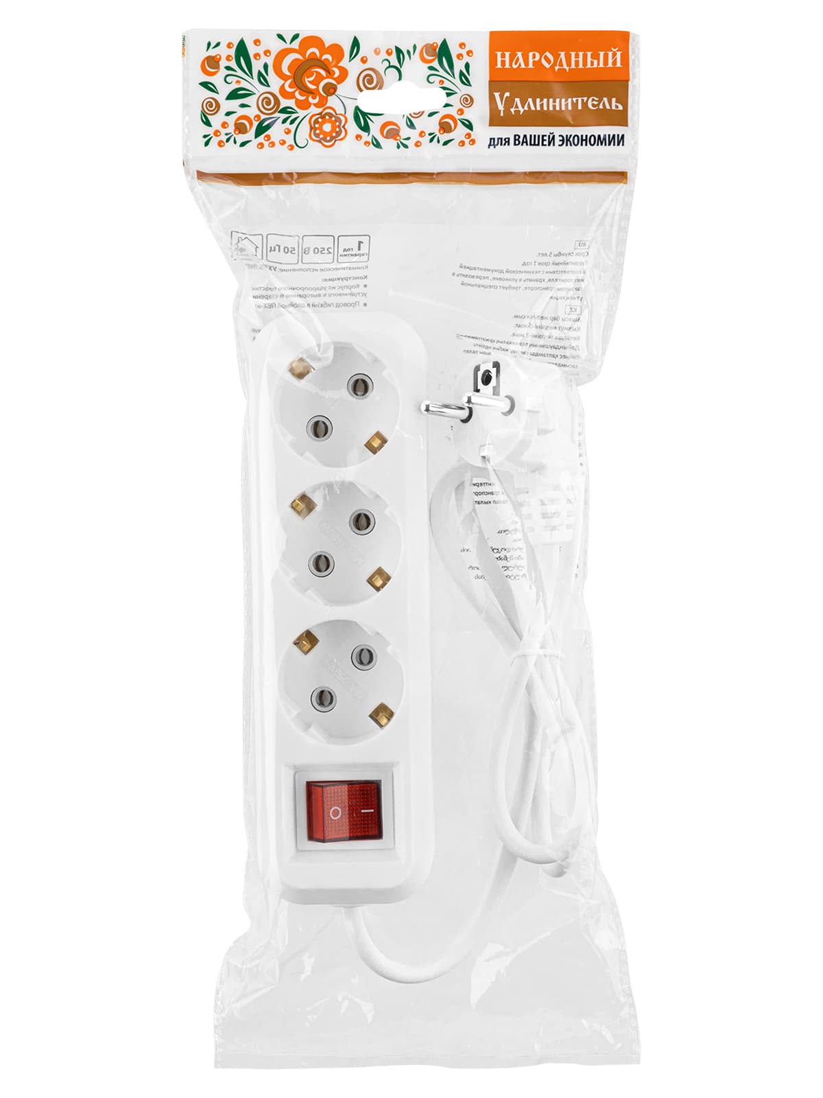 Удлинитель 3 гнезда, 3 метра, с/з, выкл., 10 А, 2300 Вт, белый, НАРОДНЫЙ У1-32055 (Ун1 321-0001)